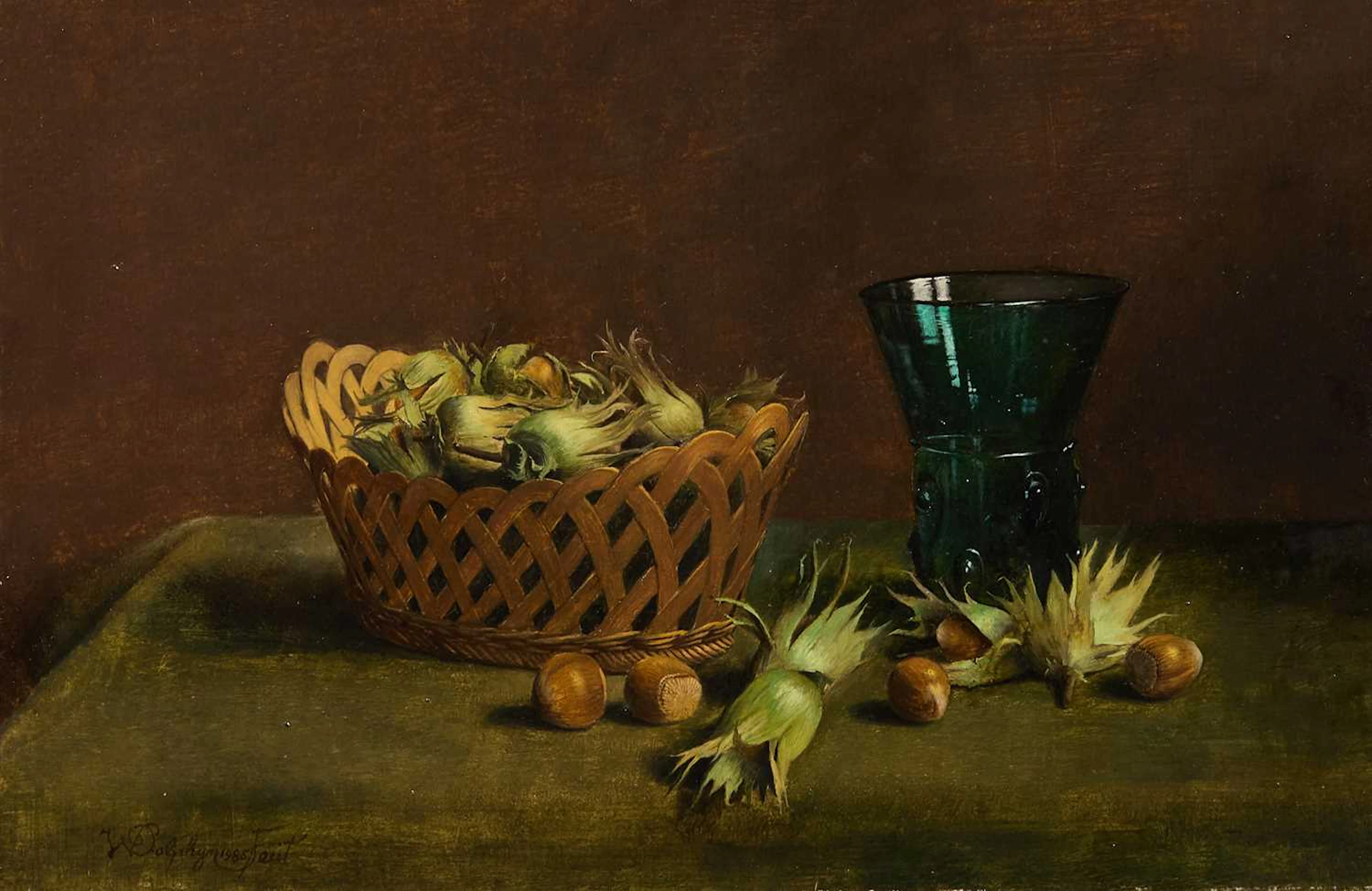 ▲ Willem Dolphyn (Belgian, 1935-2016) Still life of a basket of hazelnuts