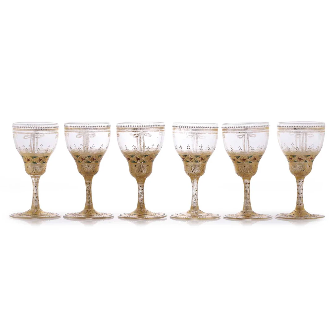 A set of six Meyr's Neffe liqueur glasses circa 1900, Bohemian