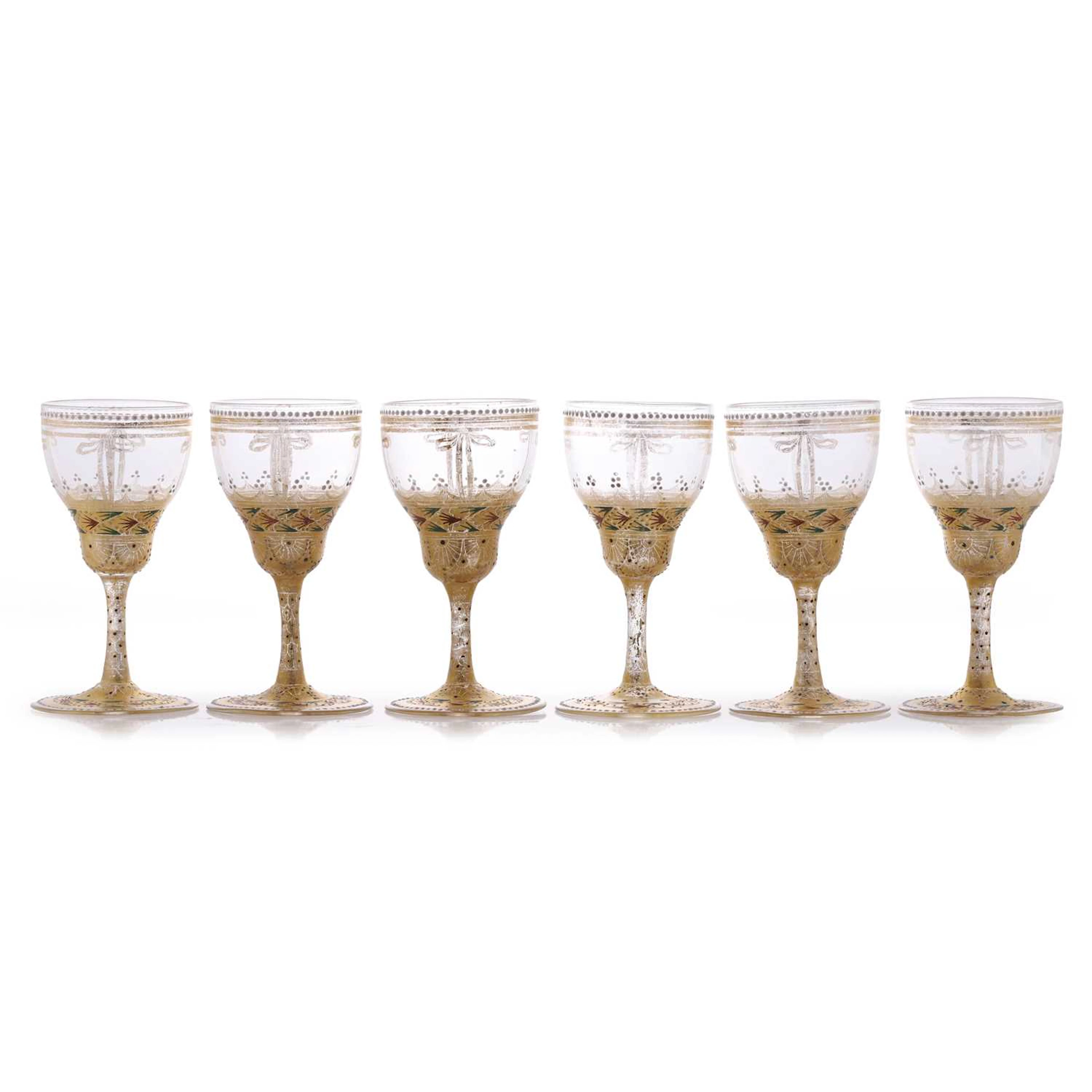 A set of six Meyr's Neffe liqueur glasses circa 1900, Bohemian