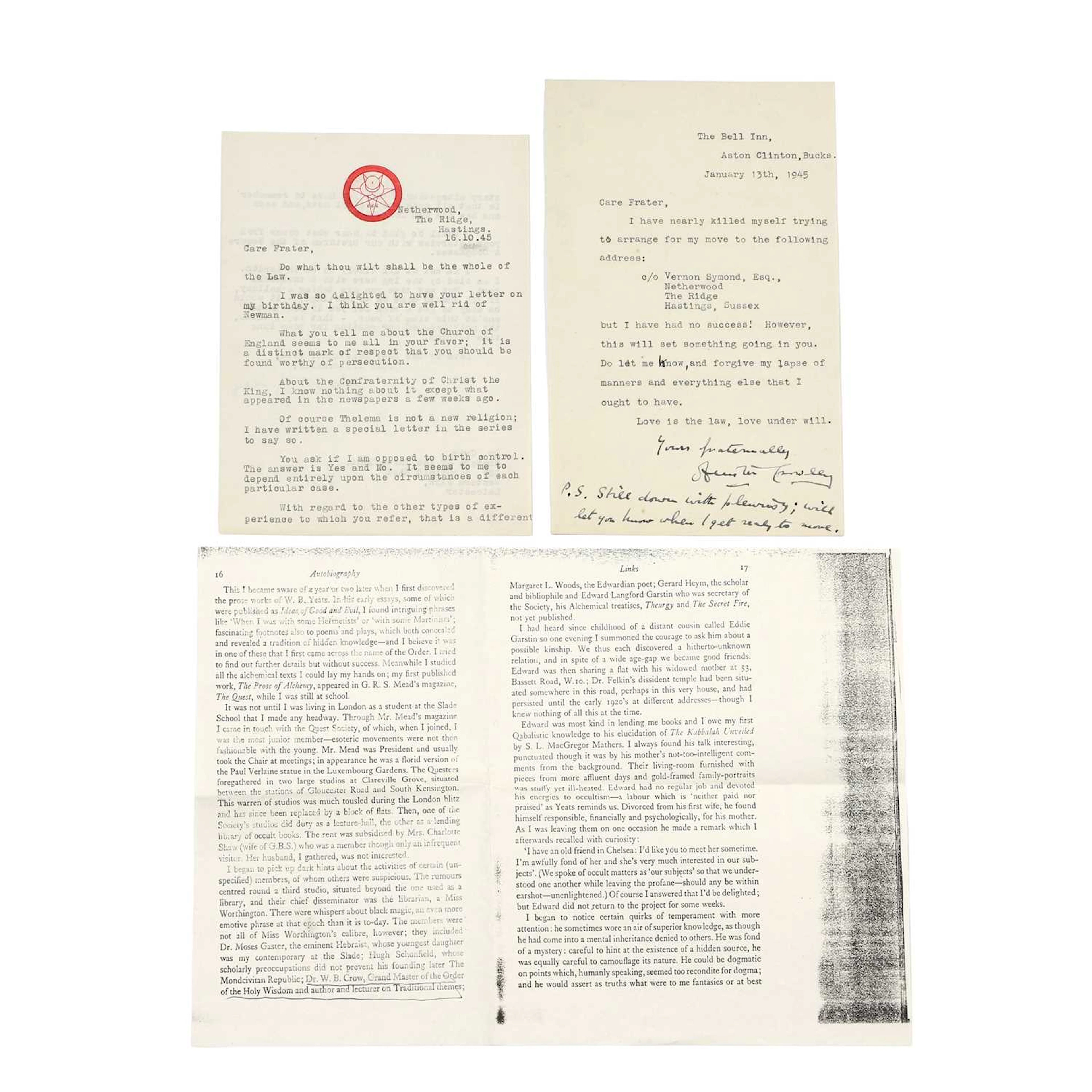 Aleister Crowley (British, 1875-1947) Two signed letters from Aleister