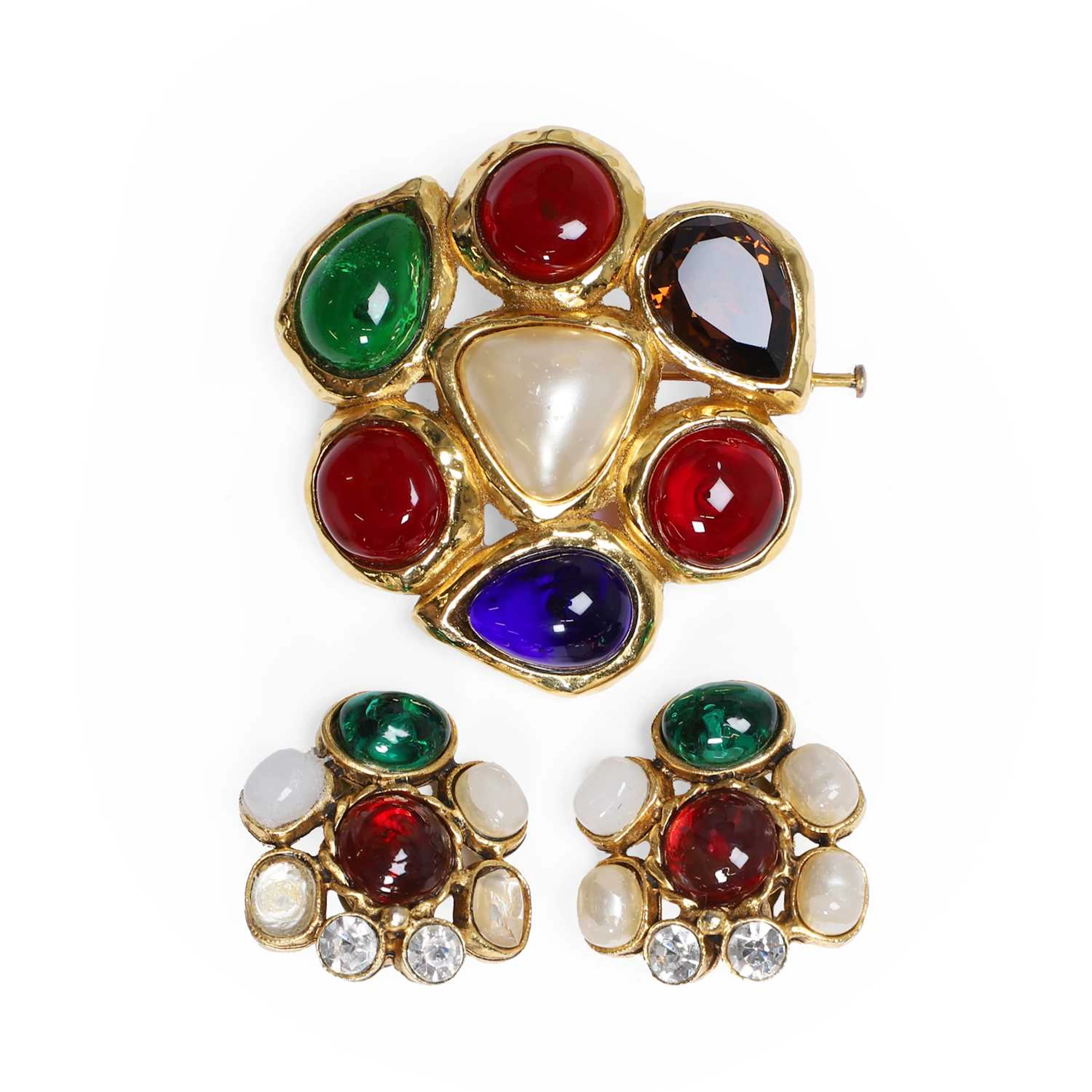 A gilt metal faux pearl, gripoix cabochon brooch and clip earrings