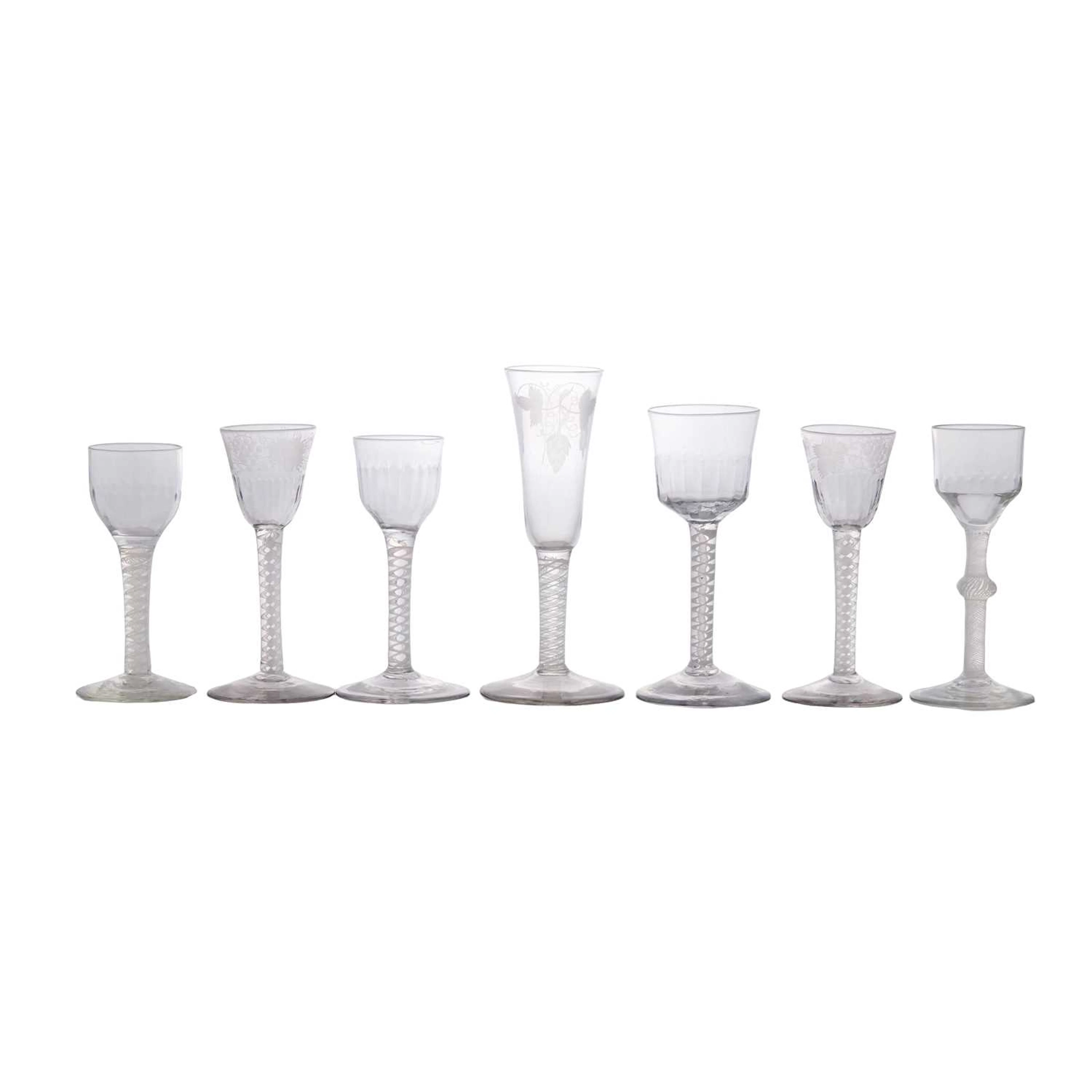 A group of seven opaque twist drinking glasses circa 1765