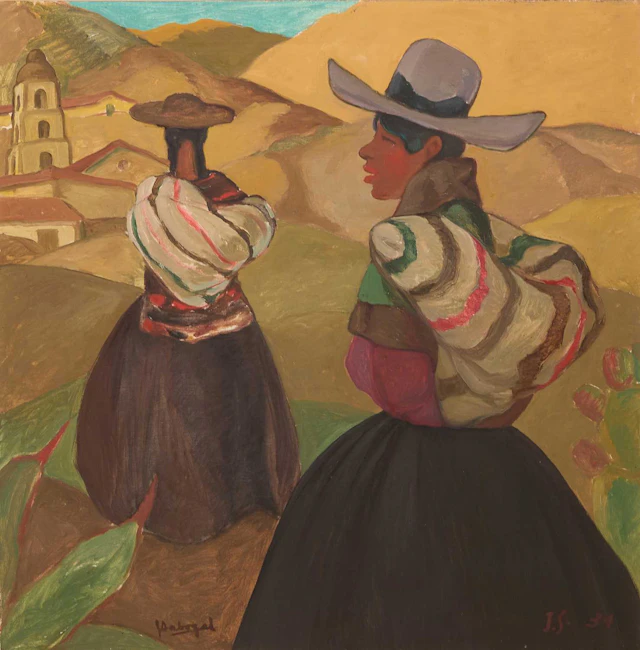 José Sabogal (Peruvian 1888-1956) Two women near a village in a hilly landscape