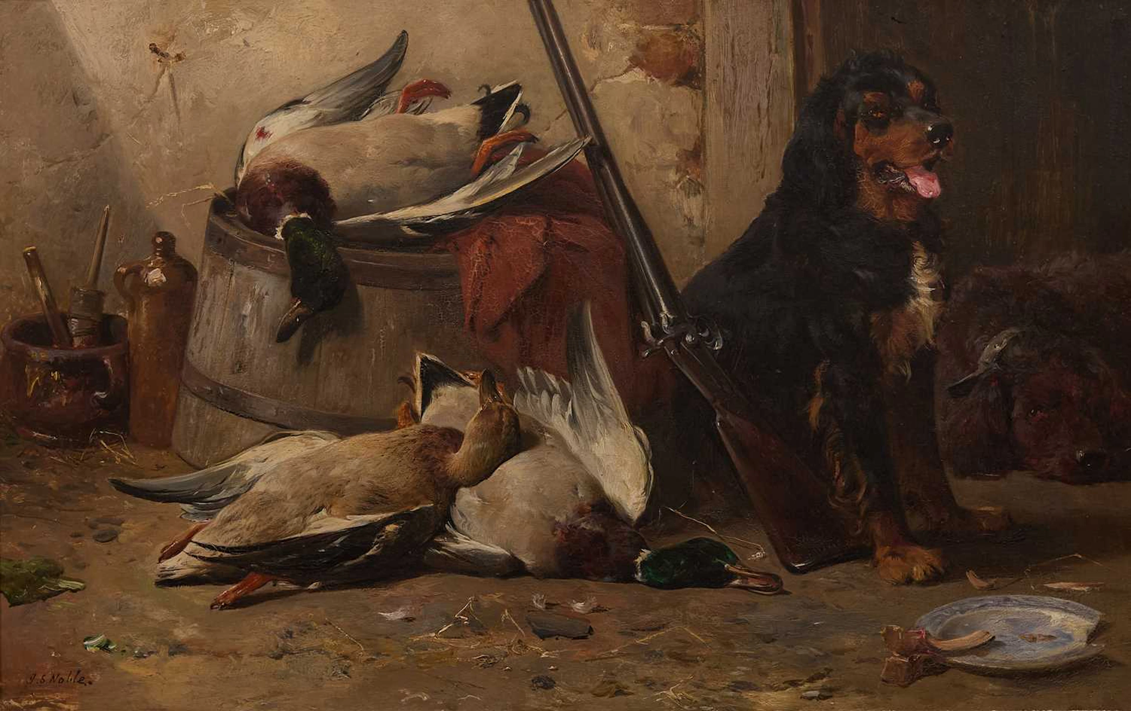 John Sargent Noble (British, 1848-1896) A Gordon Setter guarding the day's bag