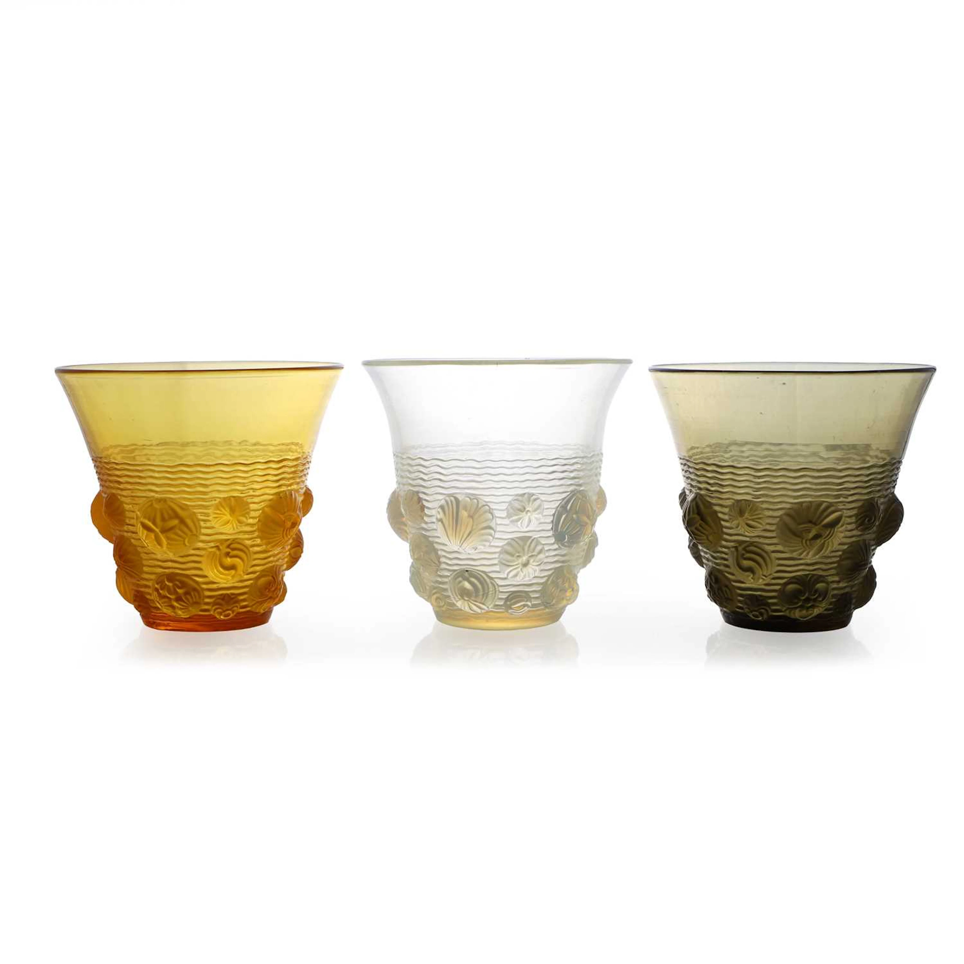 A group of three Verlys 'Shells' pattern glass vases circa 1930, French