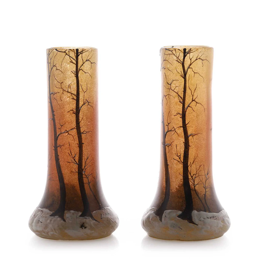 A pair of Legras 'Winter Landscape' glass vases circa 1920, French