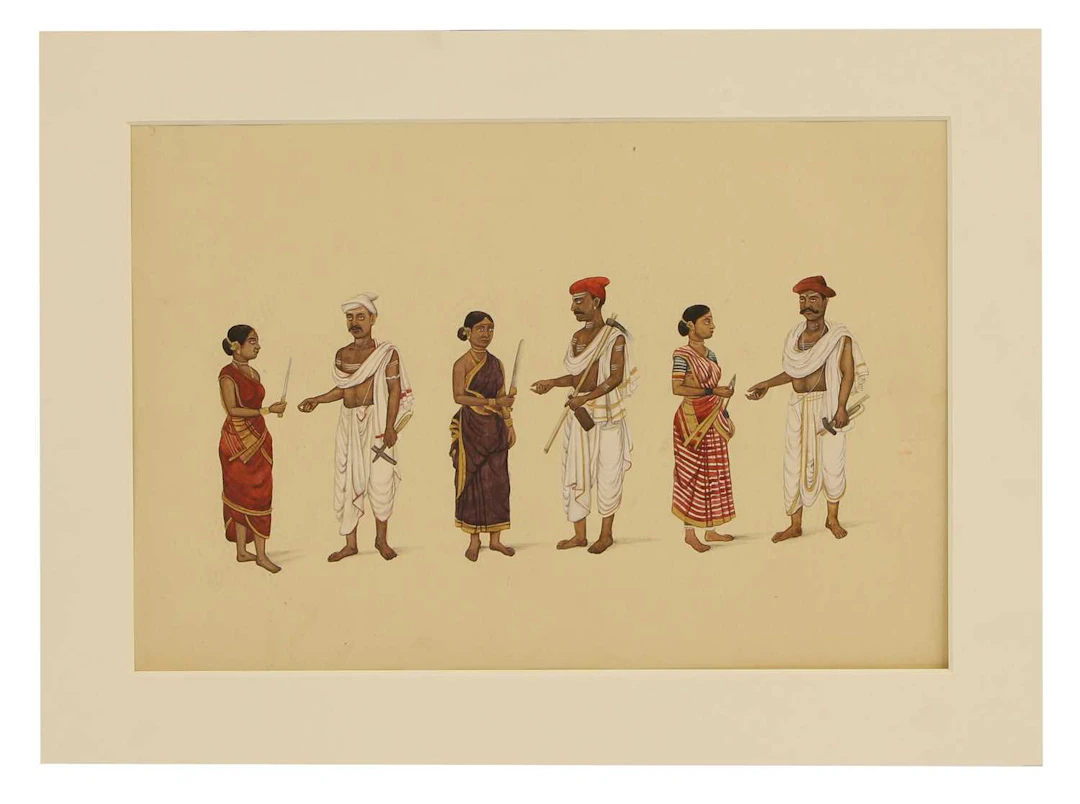 A large Indian Company School-style painting of three artisan couples
