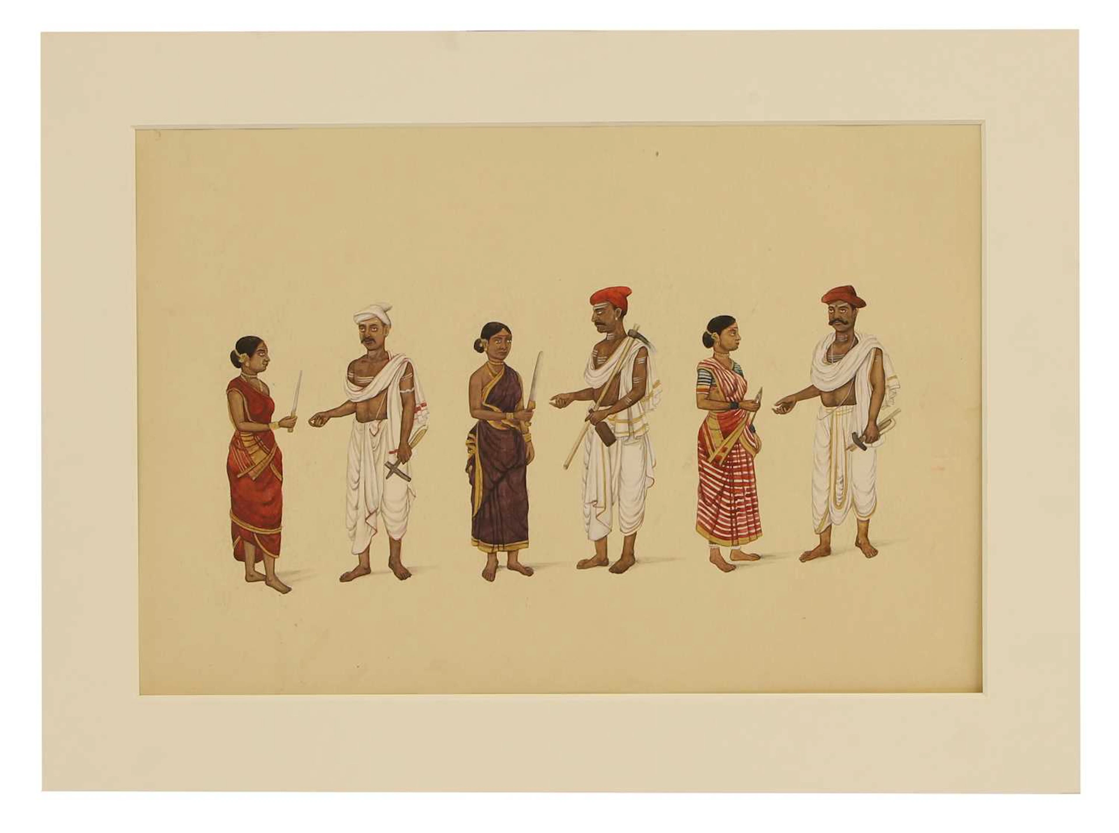 A large Indian Company School-style painting of three artisan couples