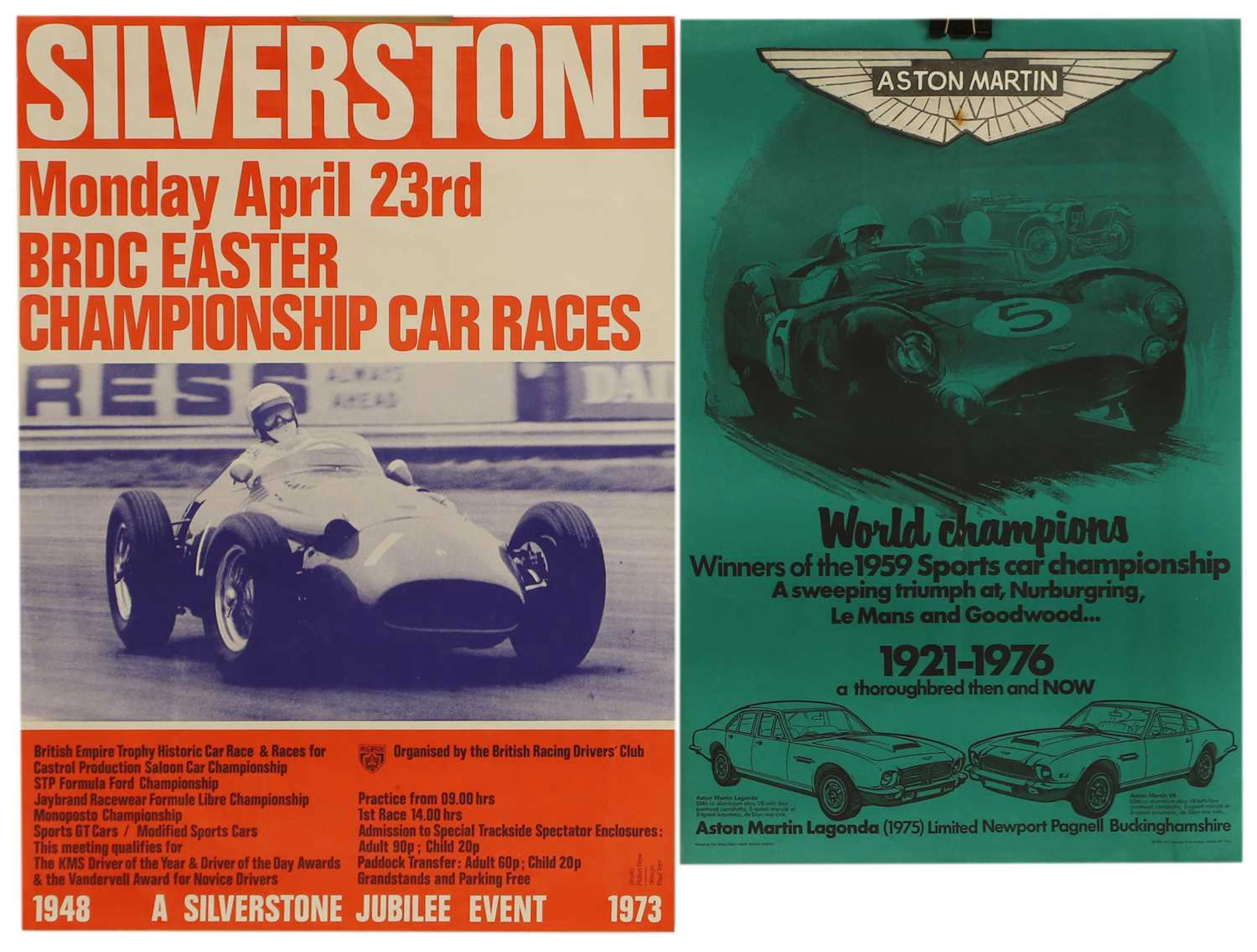 Two motor racing 'Silverstone' and 'Aston Martin' promotional posters
