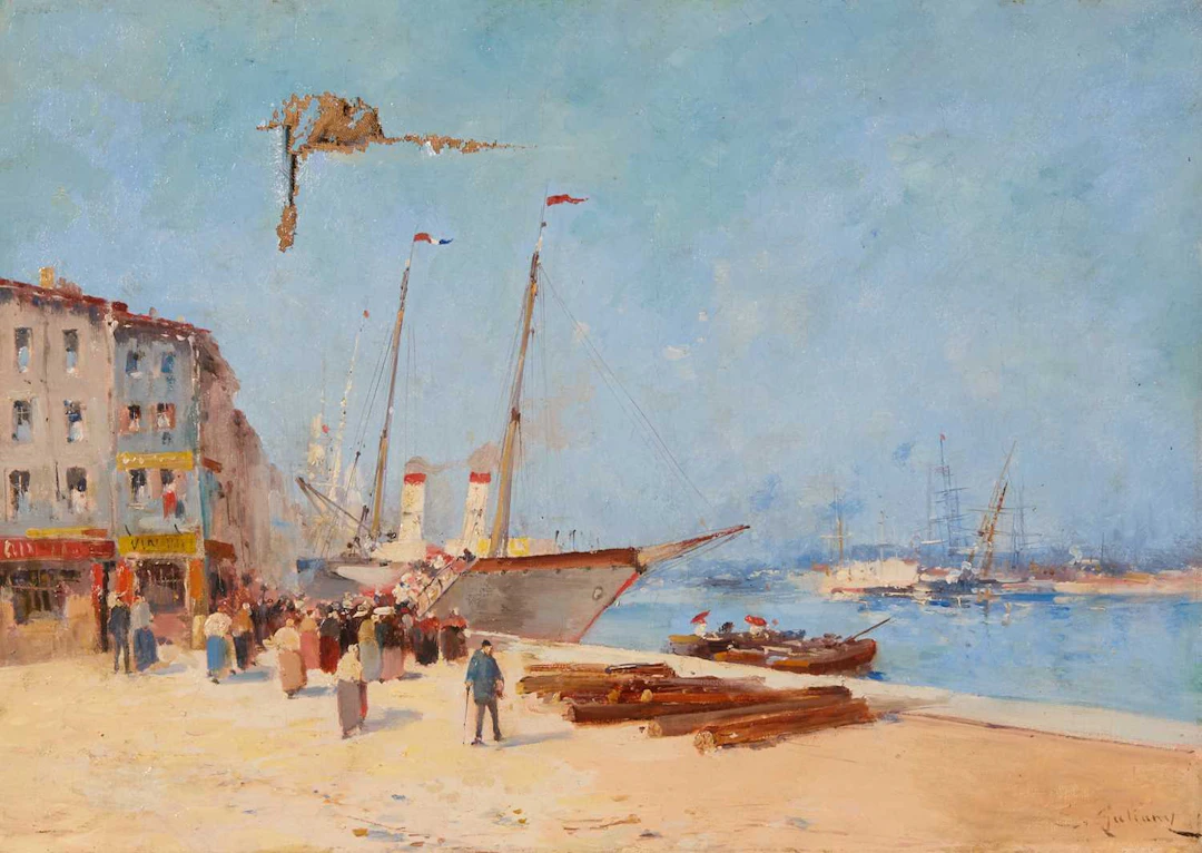 Eugène Galien-Laloue (French, 1854-1941) A harbour scene with figures