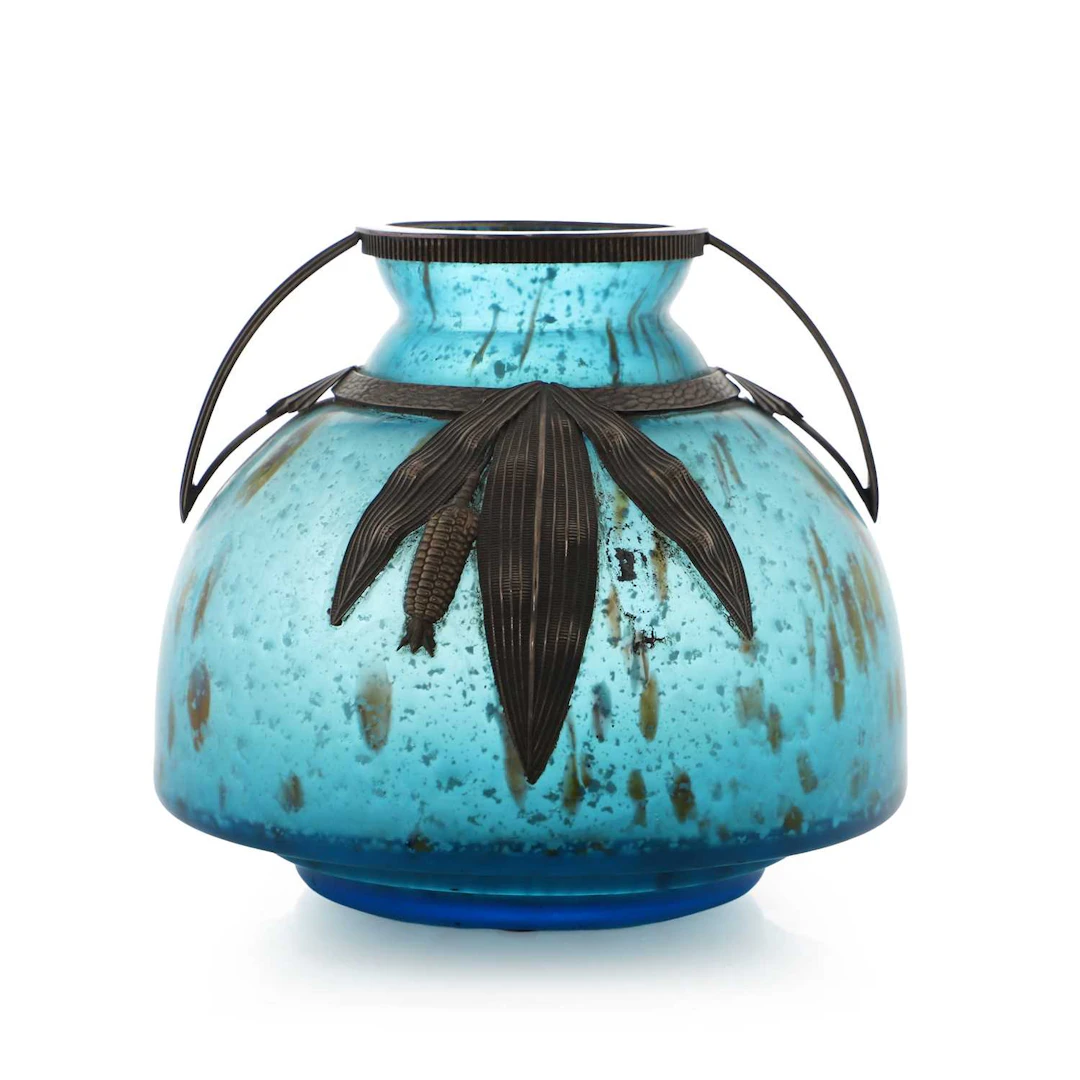 An Art Deco metal-mounted glass vase c.1930, French, in the manner
