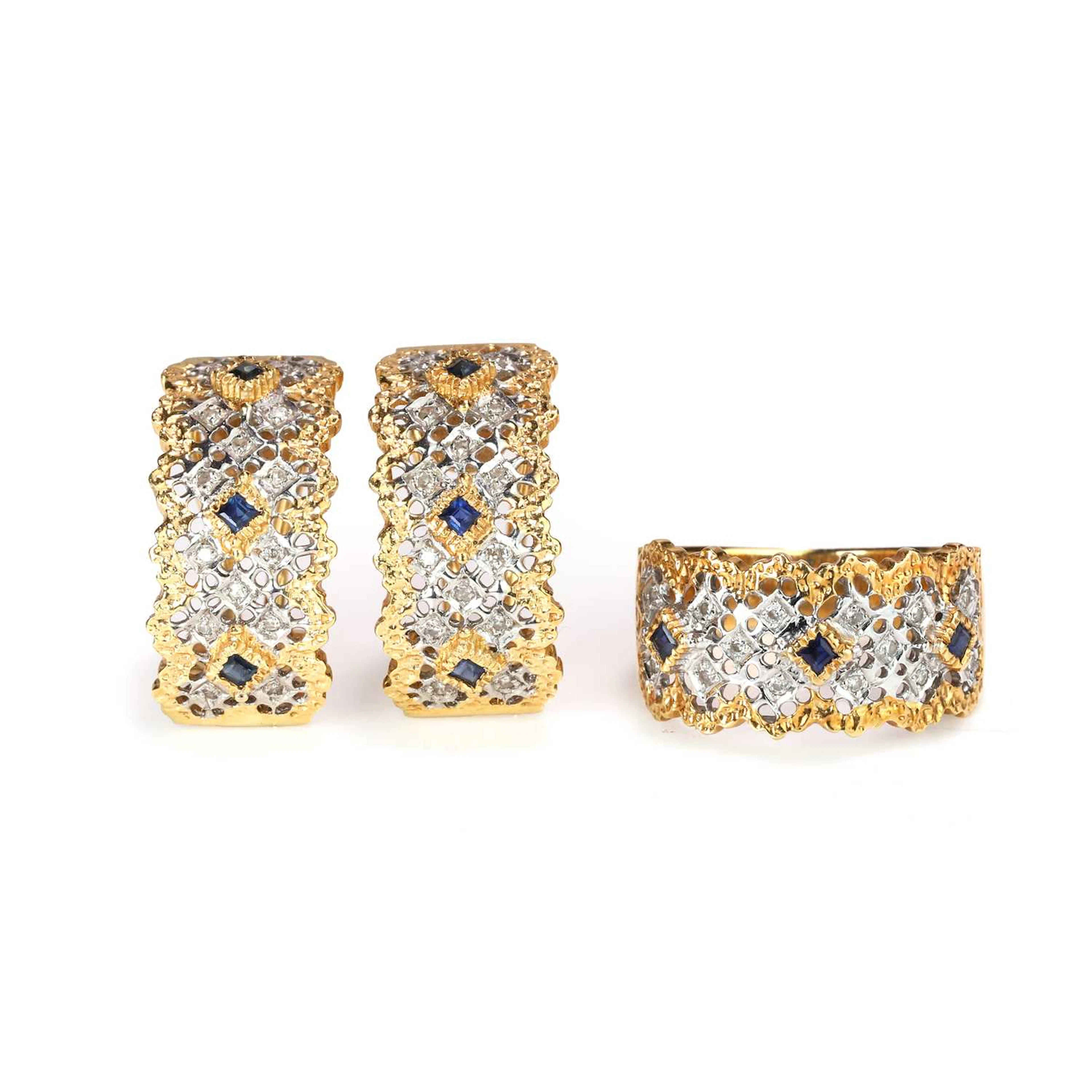 A two colour gold sapphire and diamond ring and earrings set