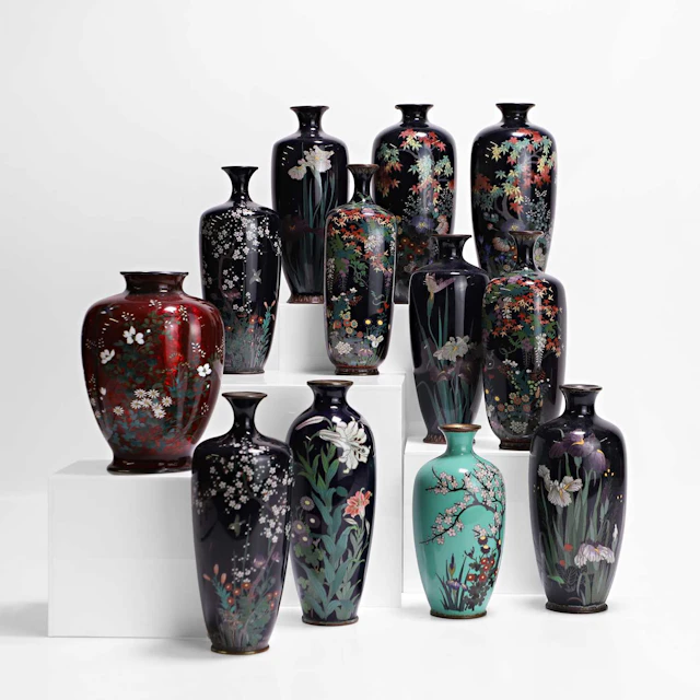 A collection of twelve Japanese small cloisonné vases