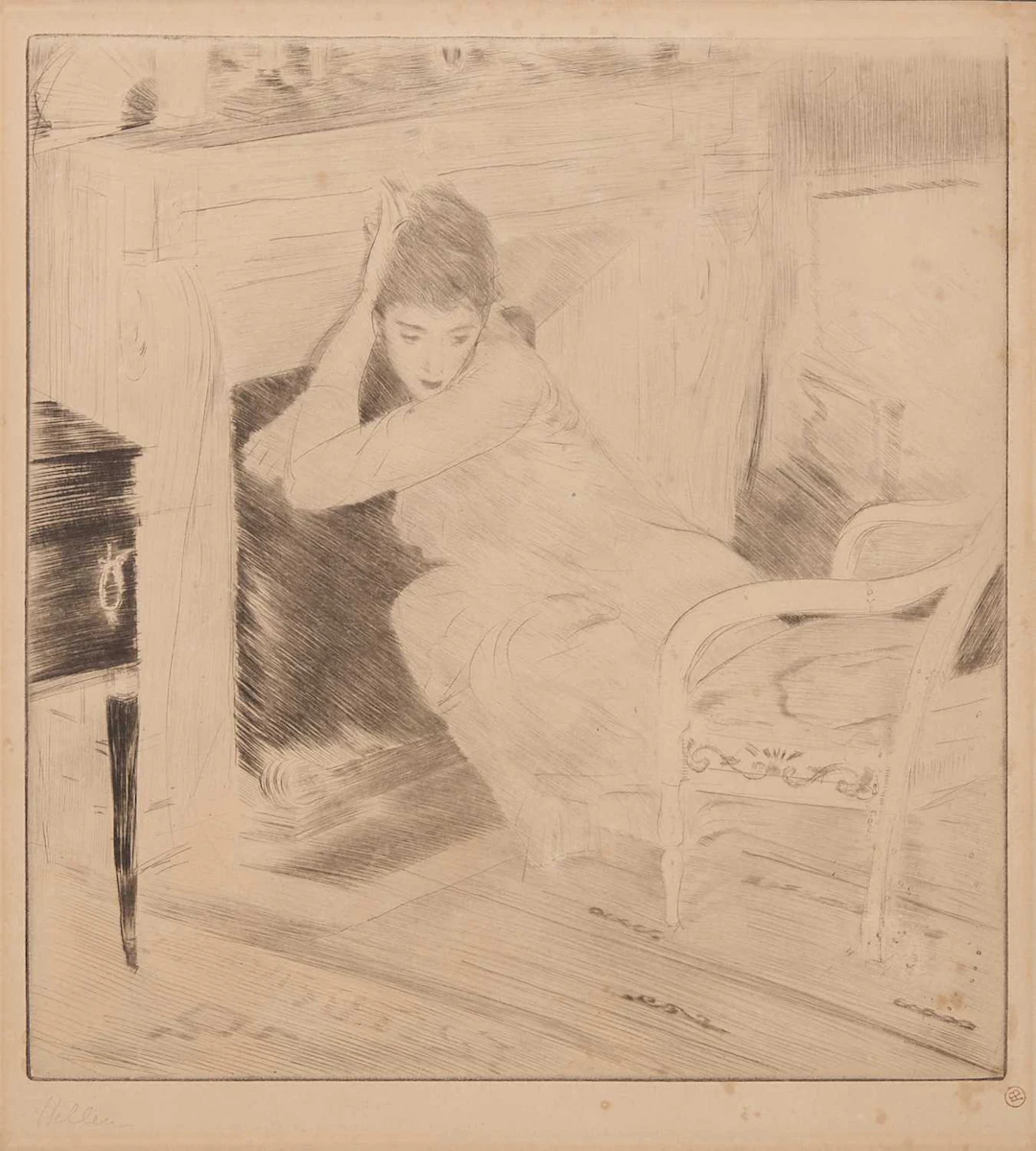 Paul César Helleu (French, 1859-1927) A woman sitting in front of a fireplace