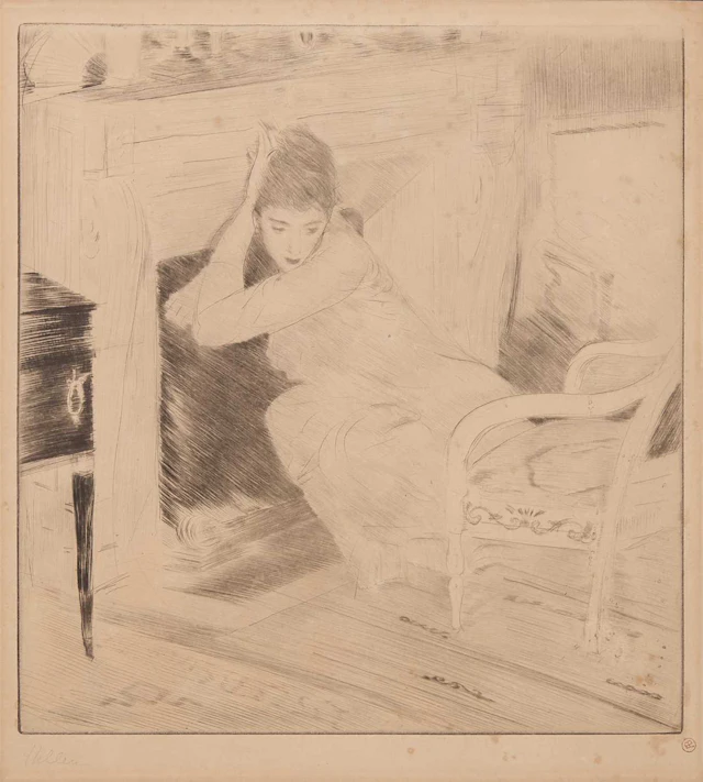 Paul César Helleu (French, 1859-1927) A woman sitting in front of a fireplace