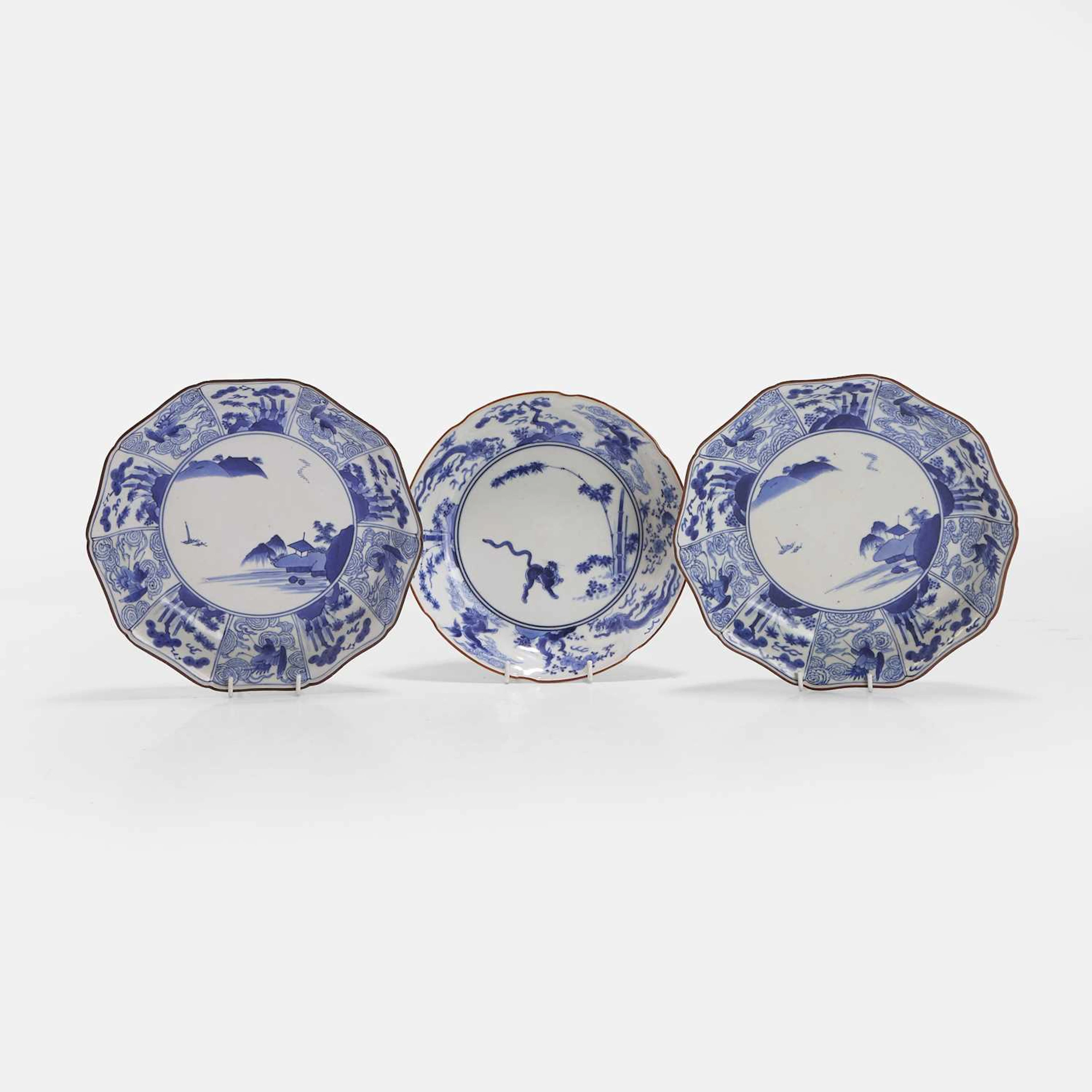 Three Japanese blue and white plates 18th century