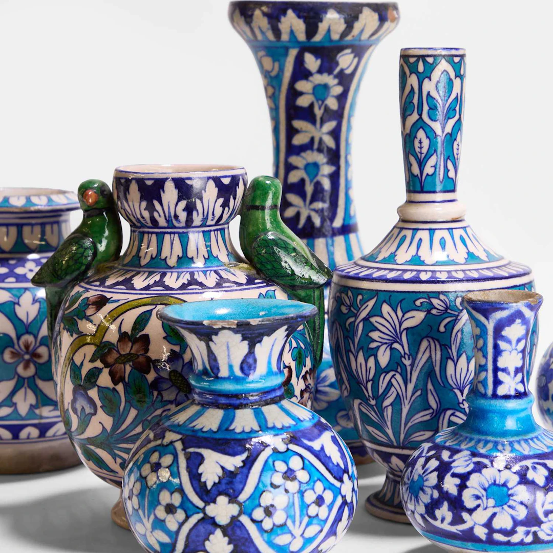 A collection of seven Multan cobalt-blue and turquoise-glazed pottery