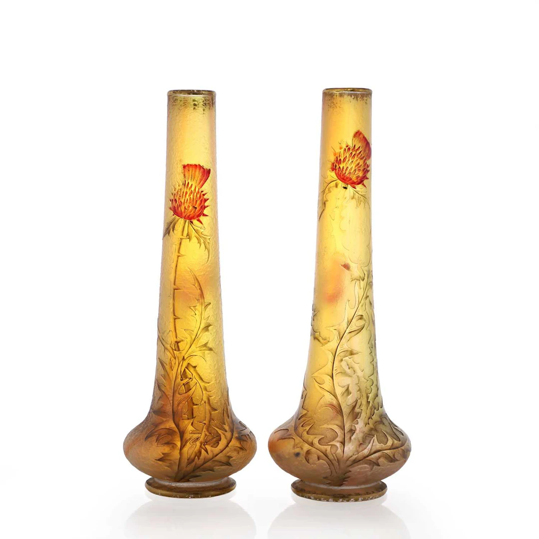 A pair of Daum enamelled cameo glass vases circa 1900, French