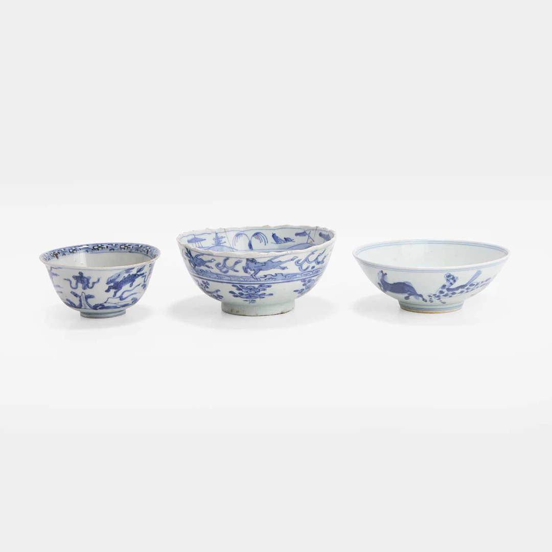 Three Chinese blue and white bowls late Ming dynasty