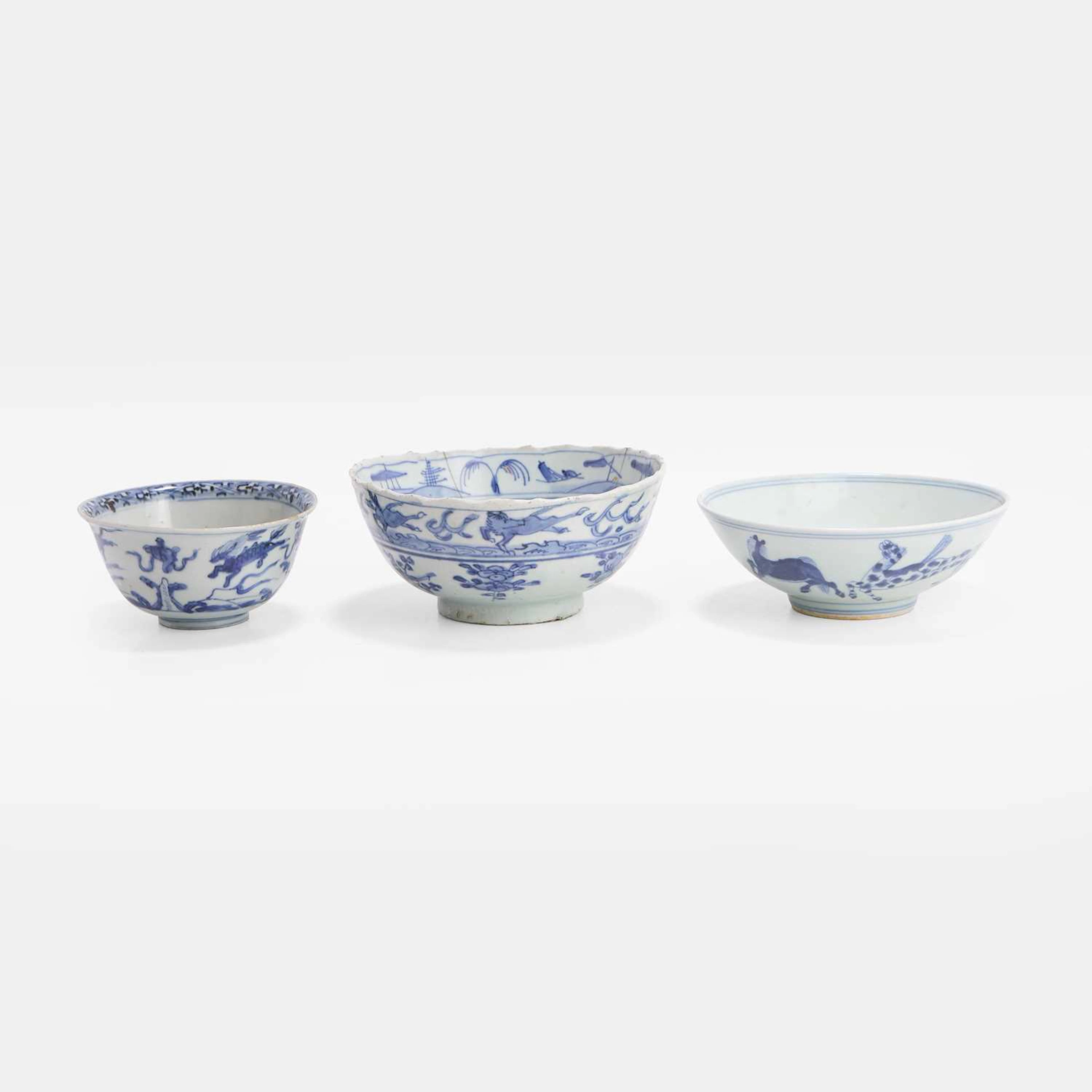 Three Chinese blue and white bowls late Ming dynasty