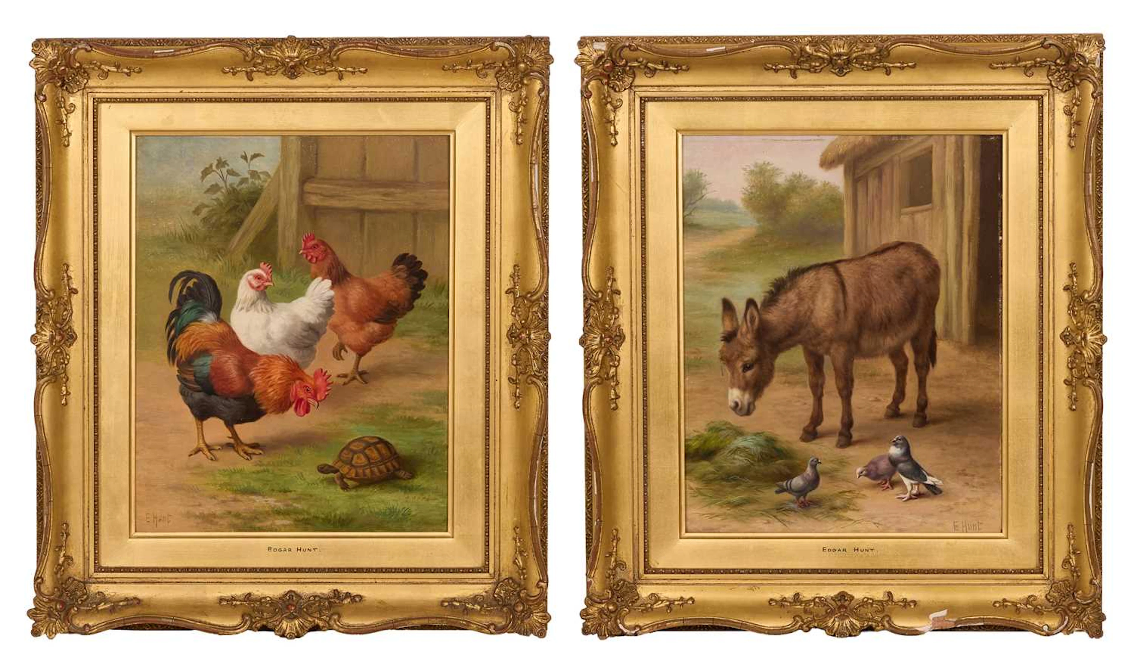 Edgar Hunt (British, 1876-1955) A donkey; Chickens and a tortoise