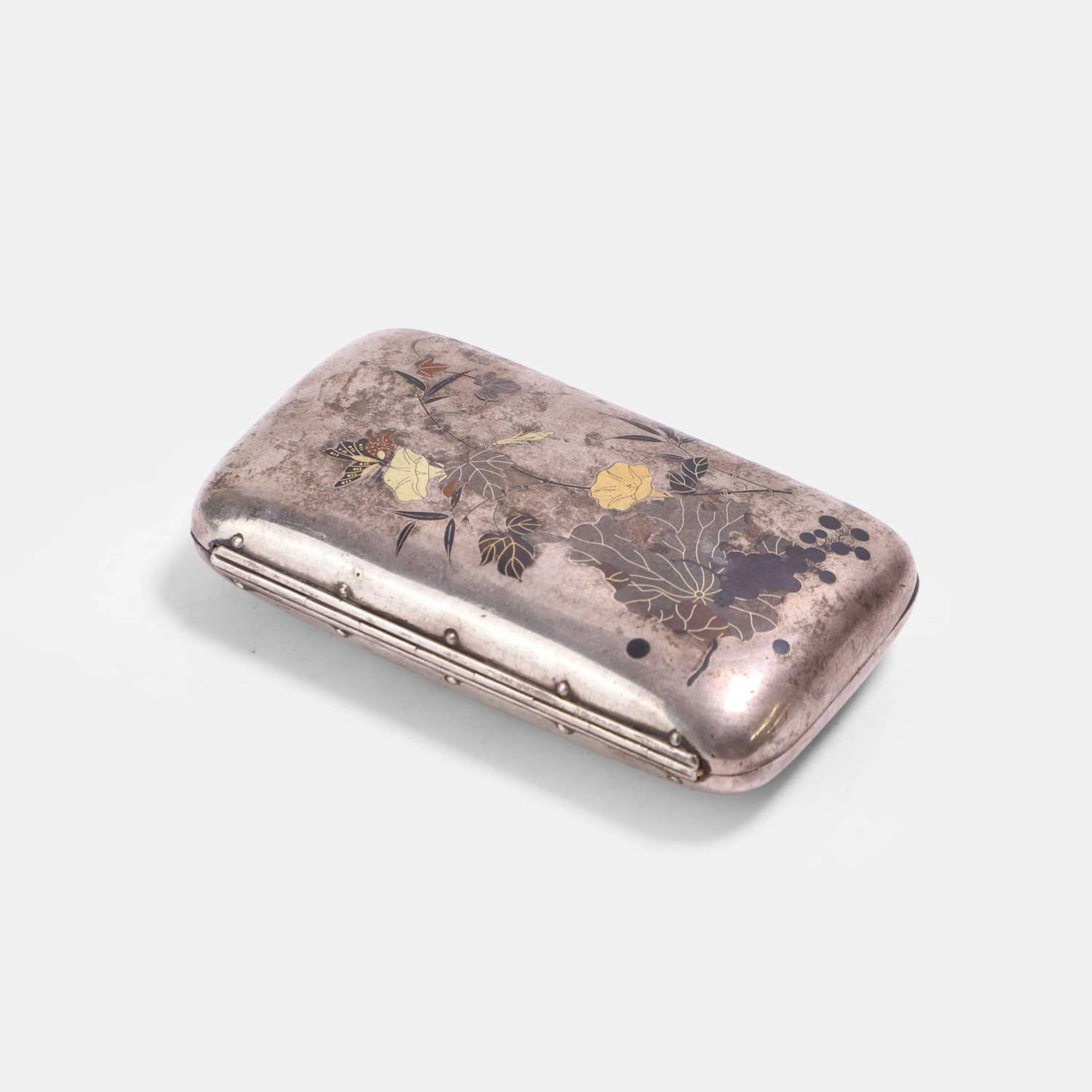A Japanese mixed-metal inlaid silver cigarette case Meiji period (1868-1912)