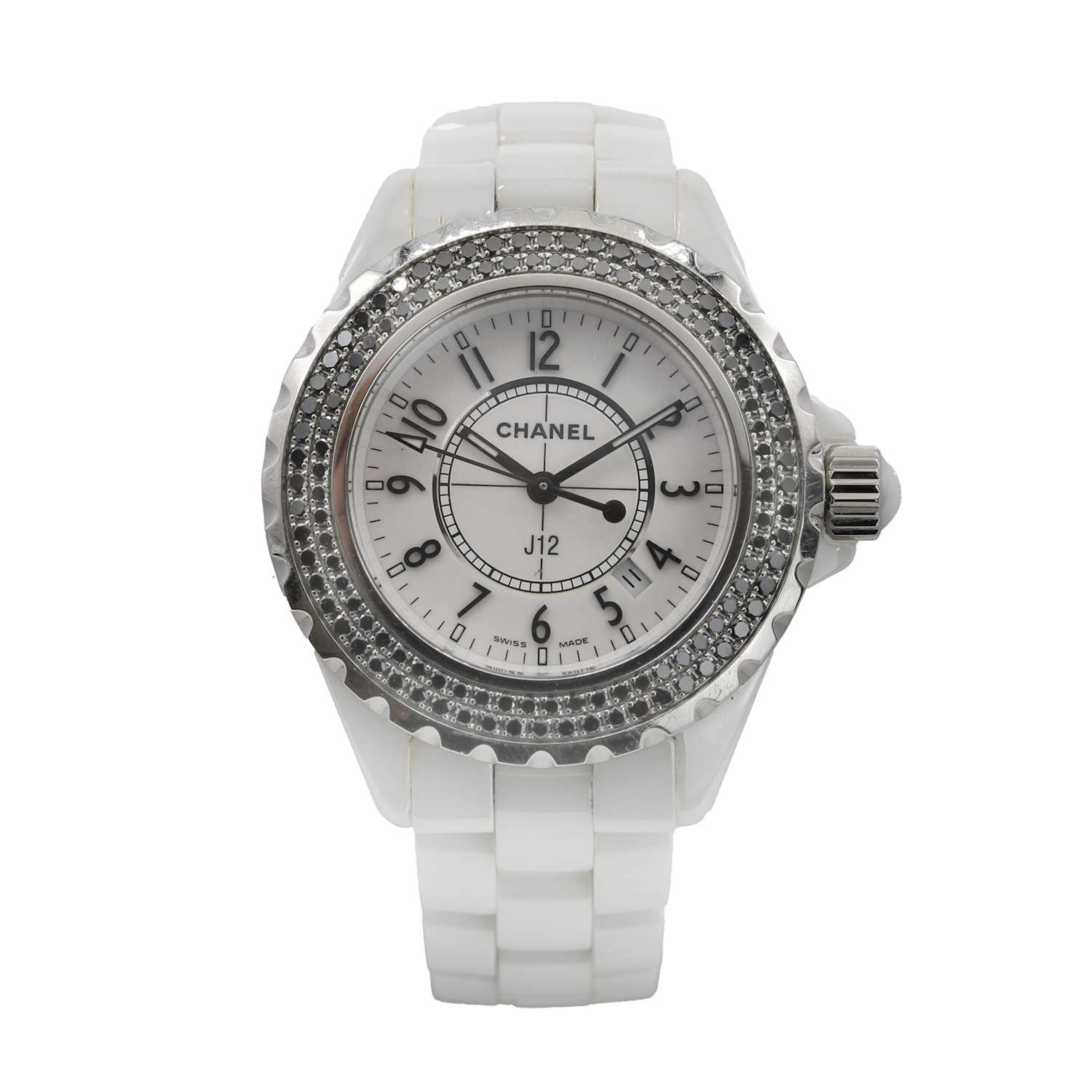 A white ceramic, black diamond set Chanel J12 quartz bracelet watch