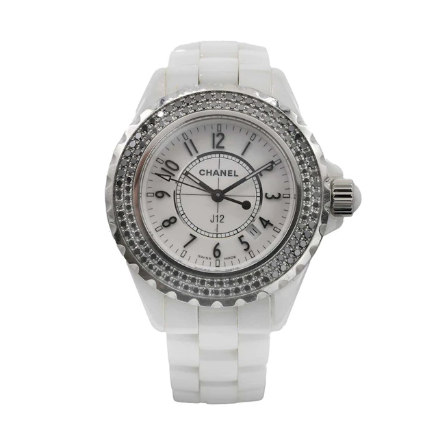 A white ceramic, black diamond set Chanel J12 quartz bracelet watch