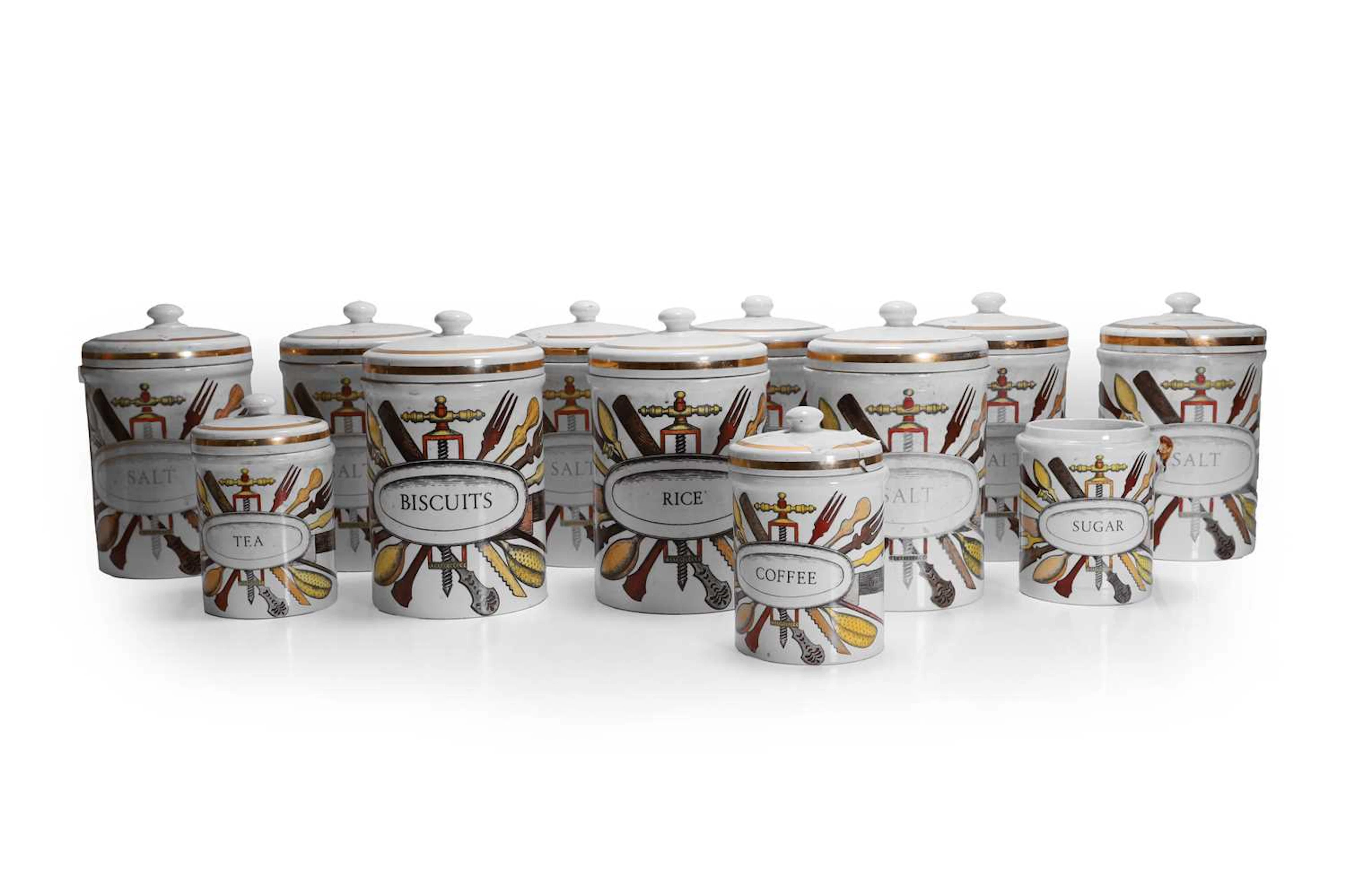Piero Fornasetti (Italian, 1913-1988) a set of twelve storage jars
