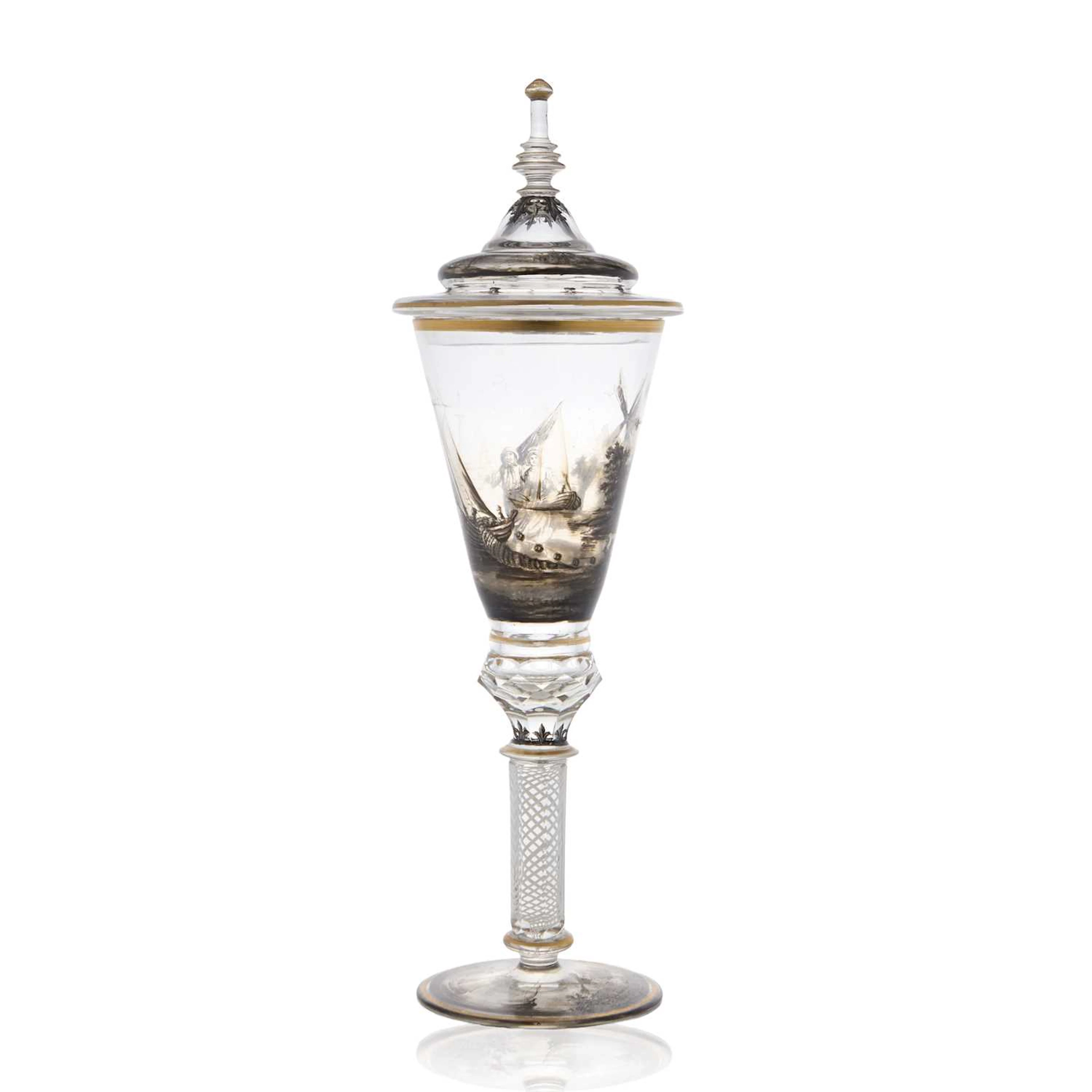 A Schwarzlot glass cup and cover 19th century, probably Steinschönau