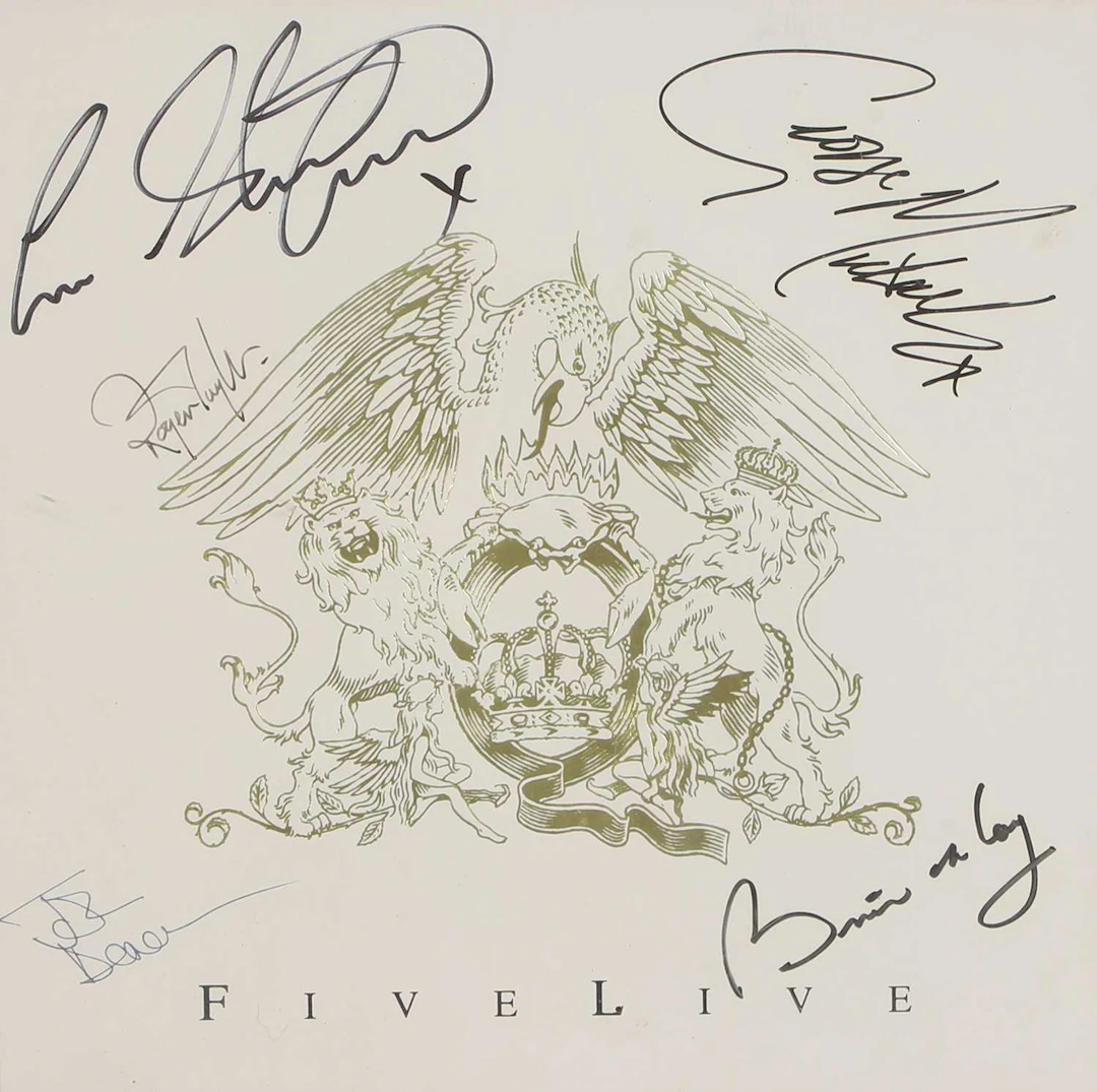 A Queen 'Five Live' EP sleeve signed by: