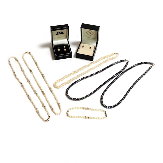 A group of cultured pearl jewellery and a pair of sapphire stud earrings