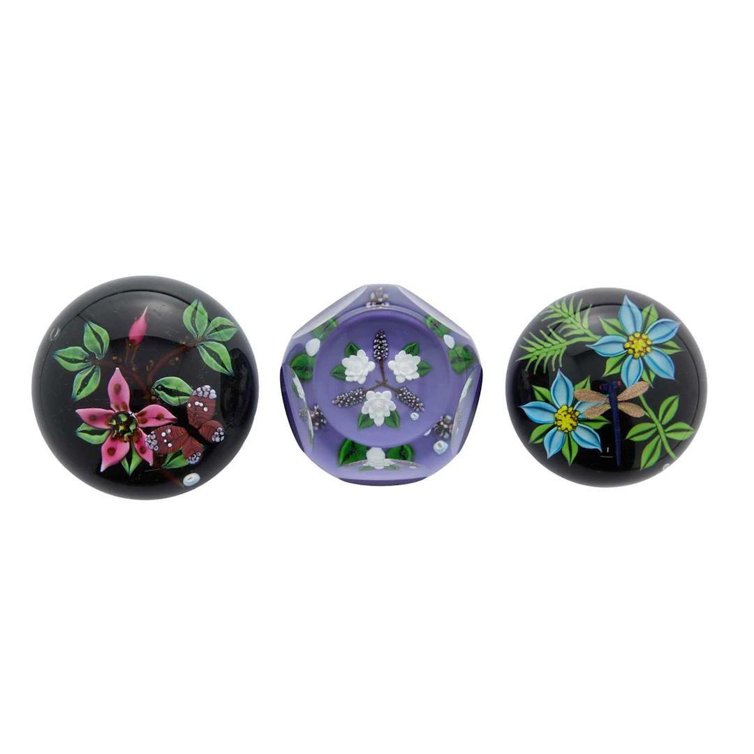 A group of three William Manson glass paperweights 2000 and 2002