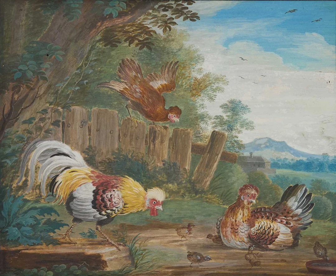 Flemish School, early 19th century Chickens in a wooded landscape