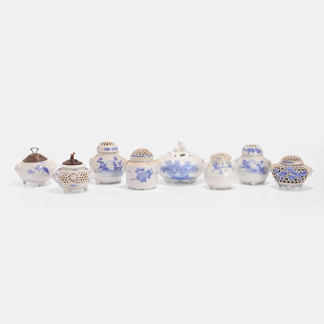A collection of eight Japanese Hirado ware blue and white koro 19th-20th