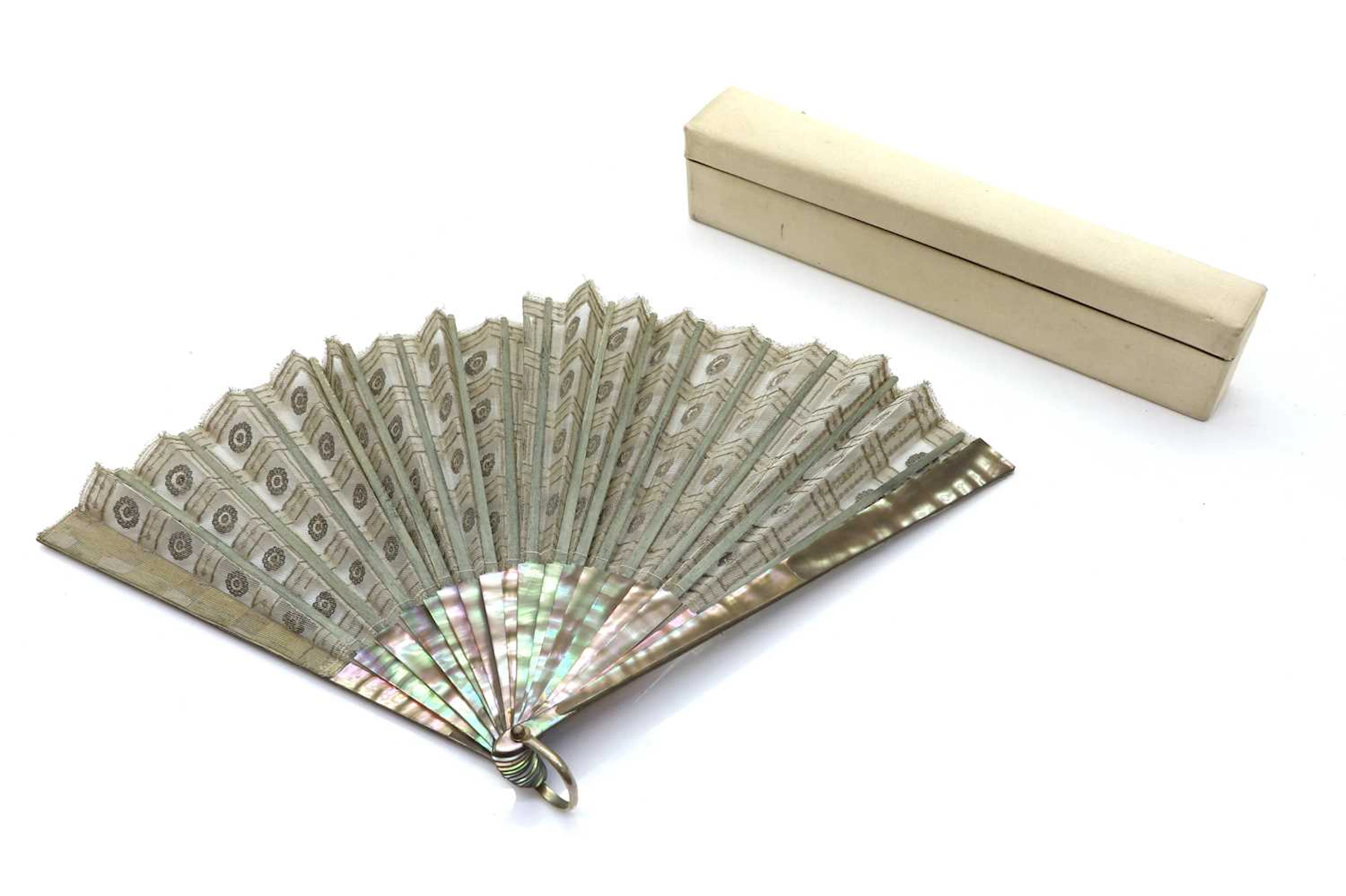 A mother of pearl, lace, and sequin fan