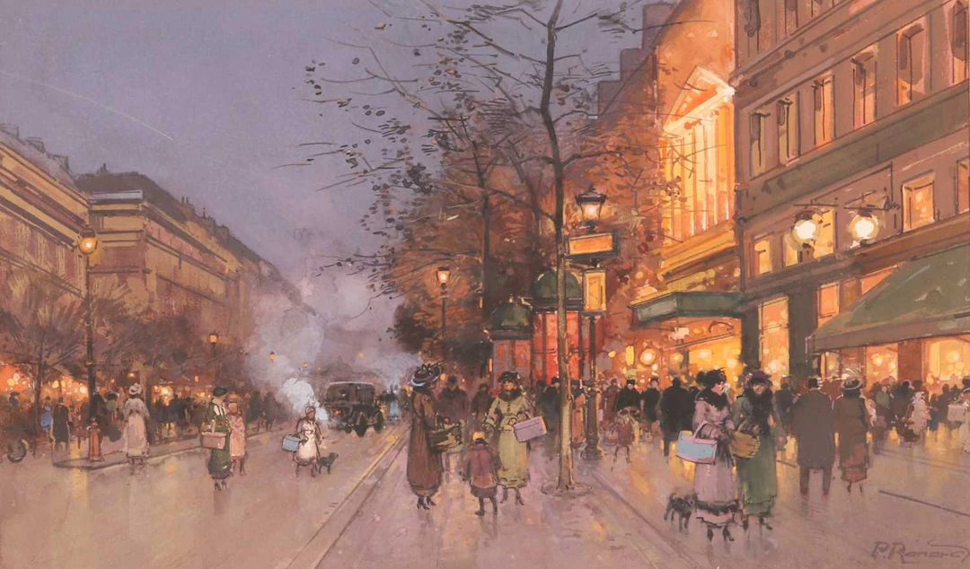 Paul Renard (French, 1871-1920) A Parisian street scene at dusk