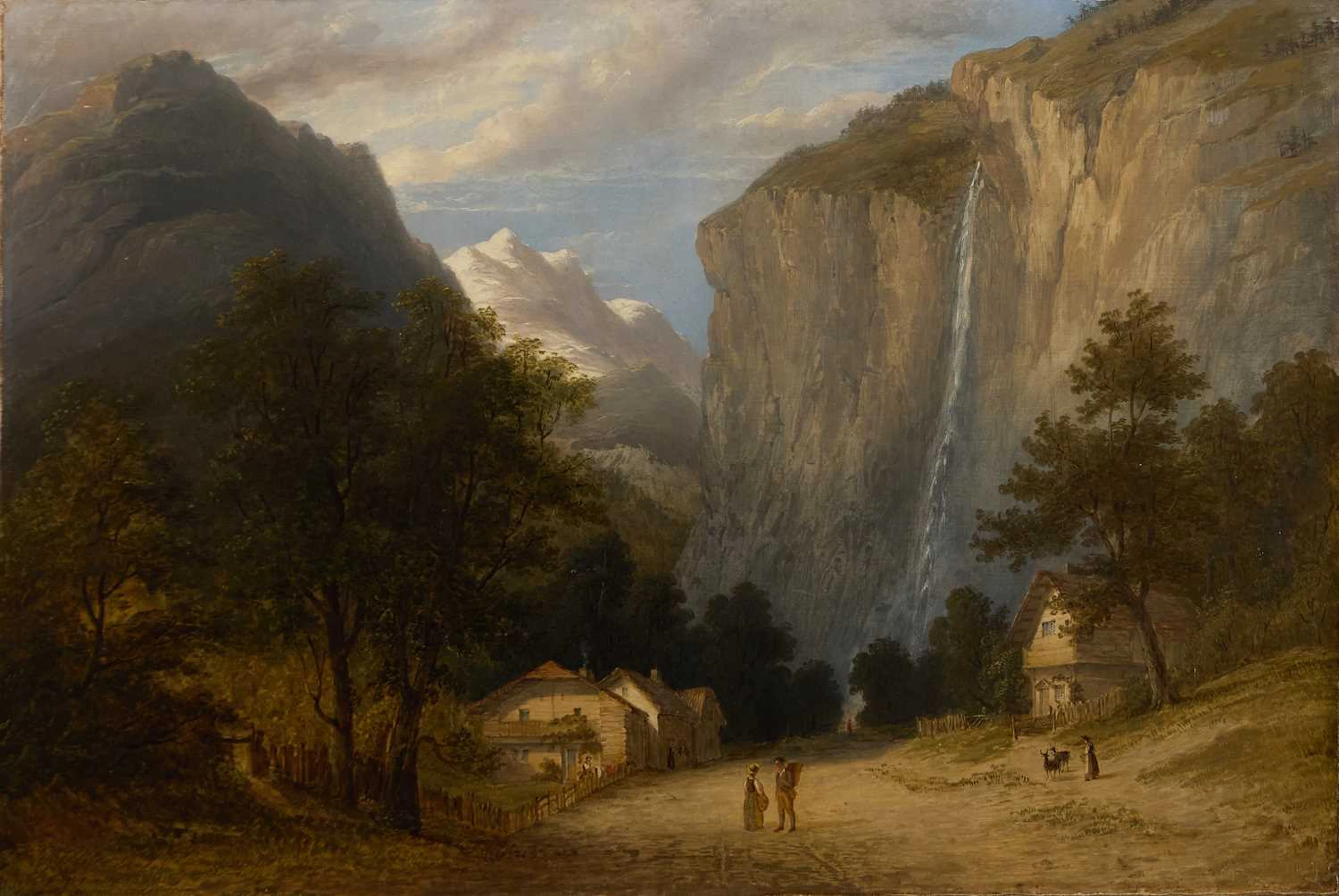 English School, mid-19th century An alpine landscape with figures