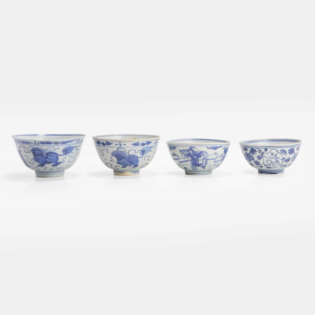 A collection of four Chinese blue and white bowls late Ming dynasty