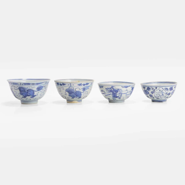 A collection of four Chinese blue and white bowls late Ming dynasty