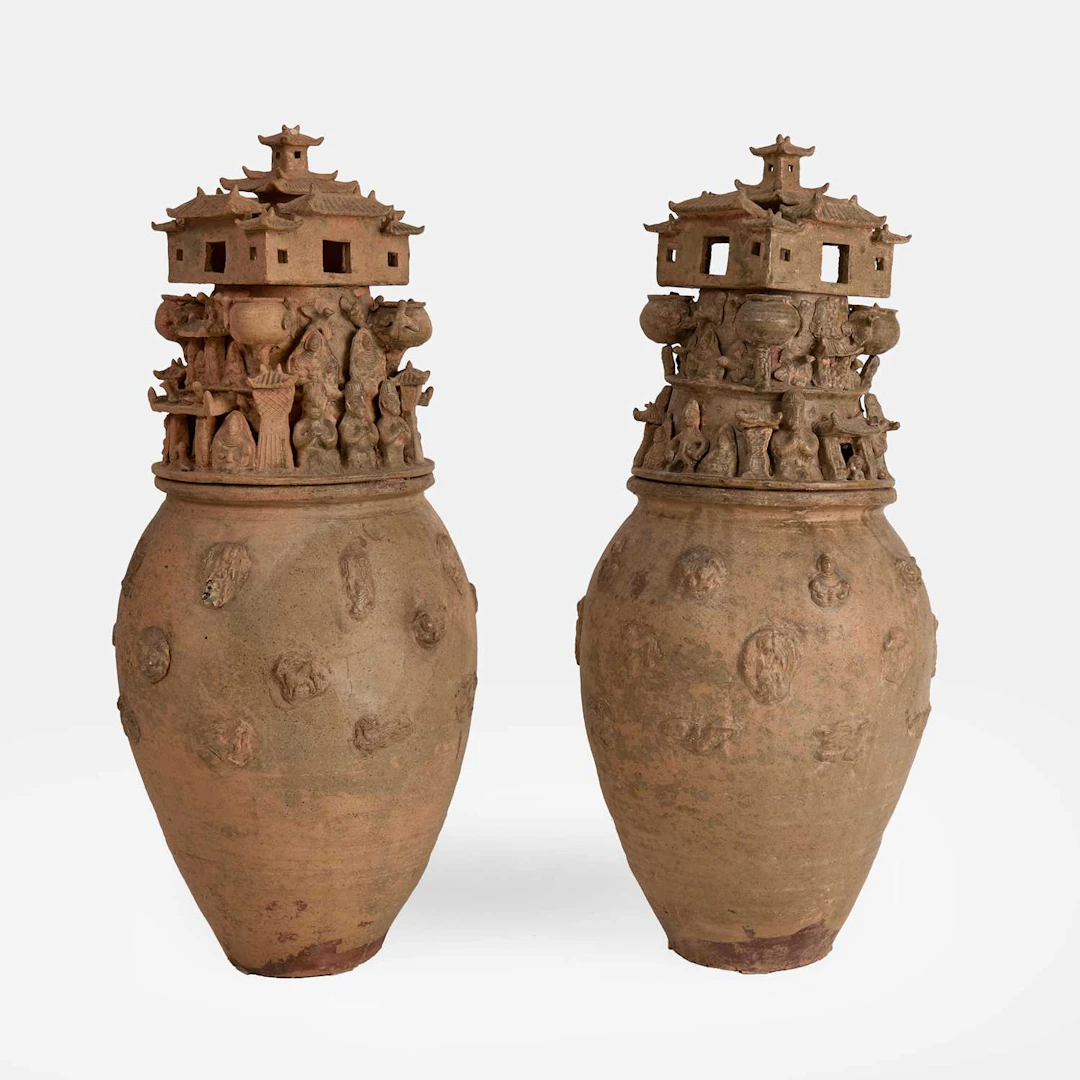 A pair of rare Chinese Yue ware funerary urns (hunping) Western Jin