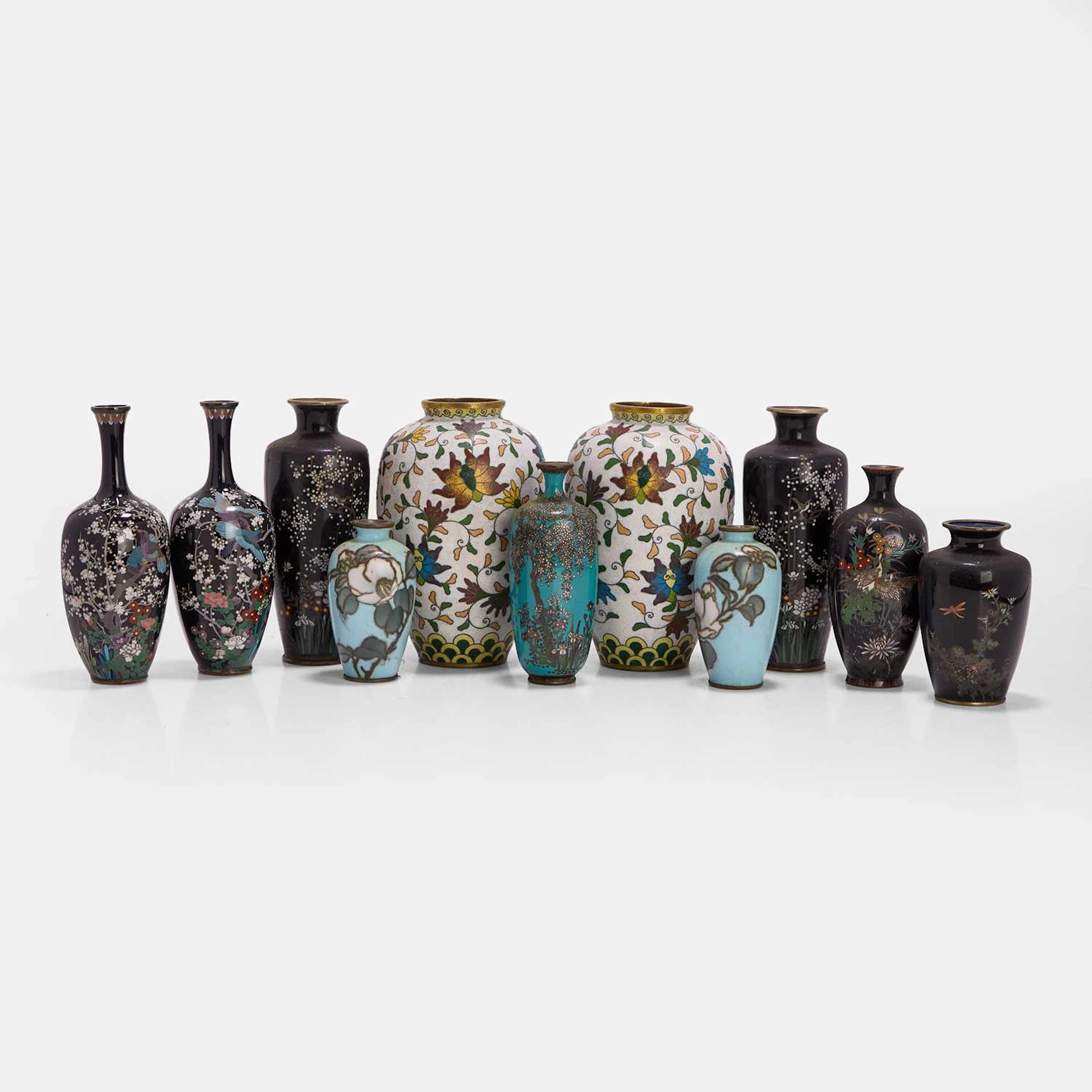 A collection of eleven Japanese cloisonné vases 19th-20th century