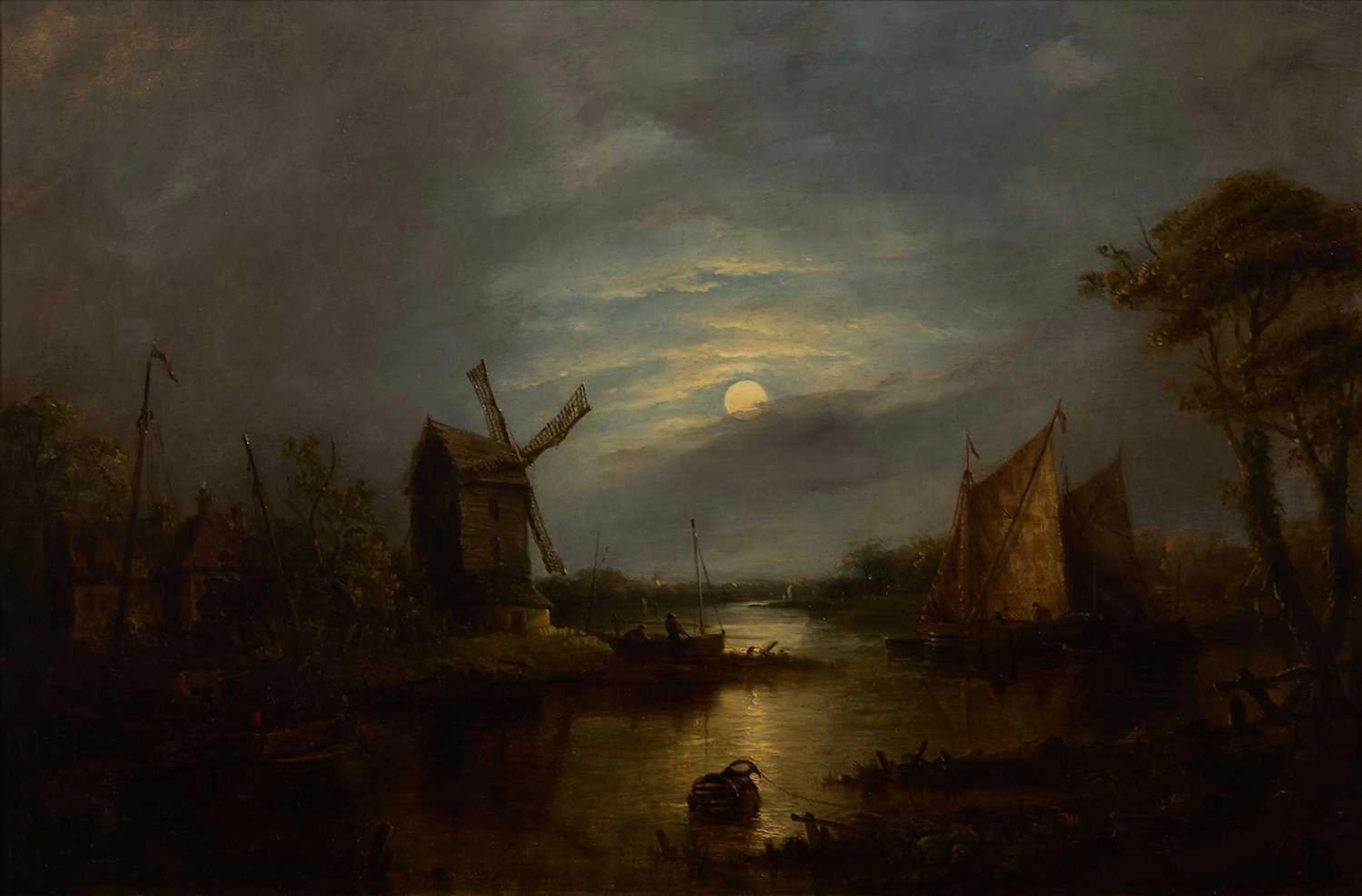 John Moore of Ipswich (British, 1820-1902) An inland waterway by moonlight