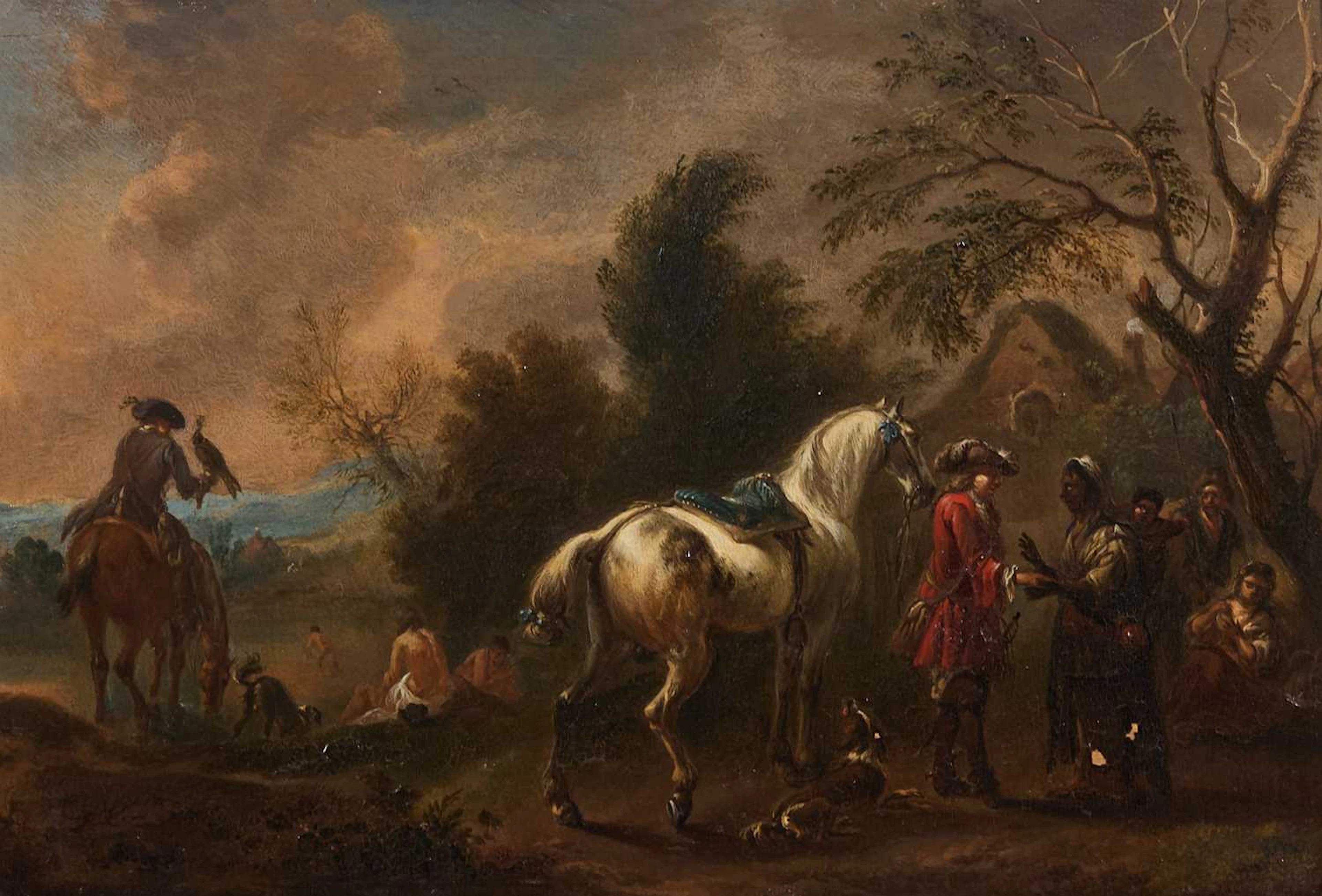 Jan Wyck (Dutch, 1640-1702) A hawking party by a pool
