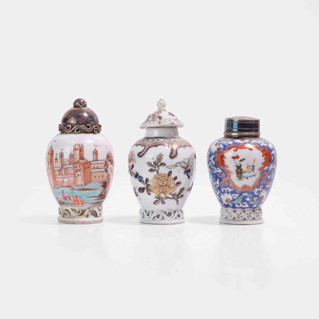 Three Chinese export famille rose tea caddies 18th century