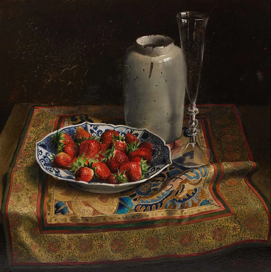 ▲ Willem Dolphyn (Belgian, 1935-2016) Still life of a dish of strawberries