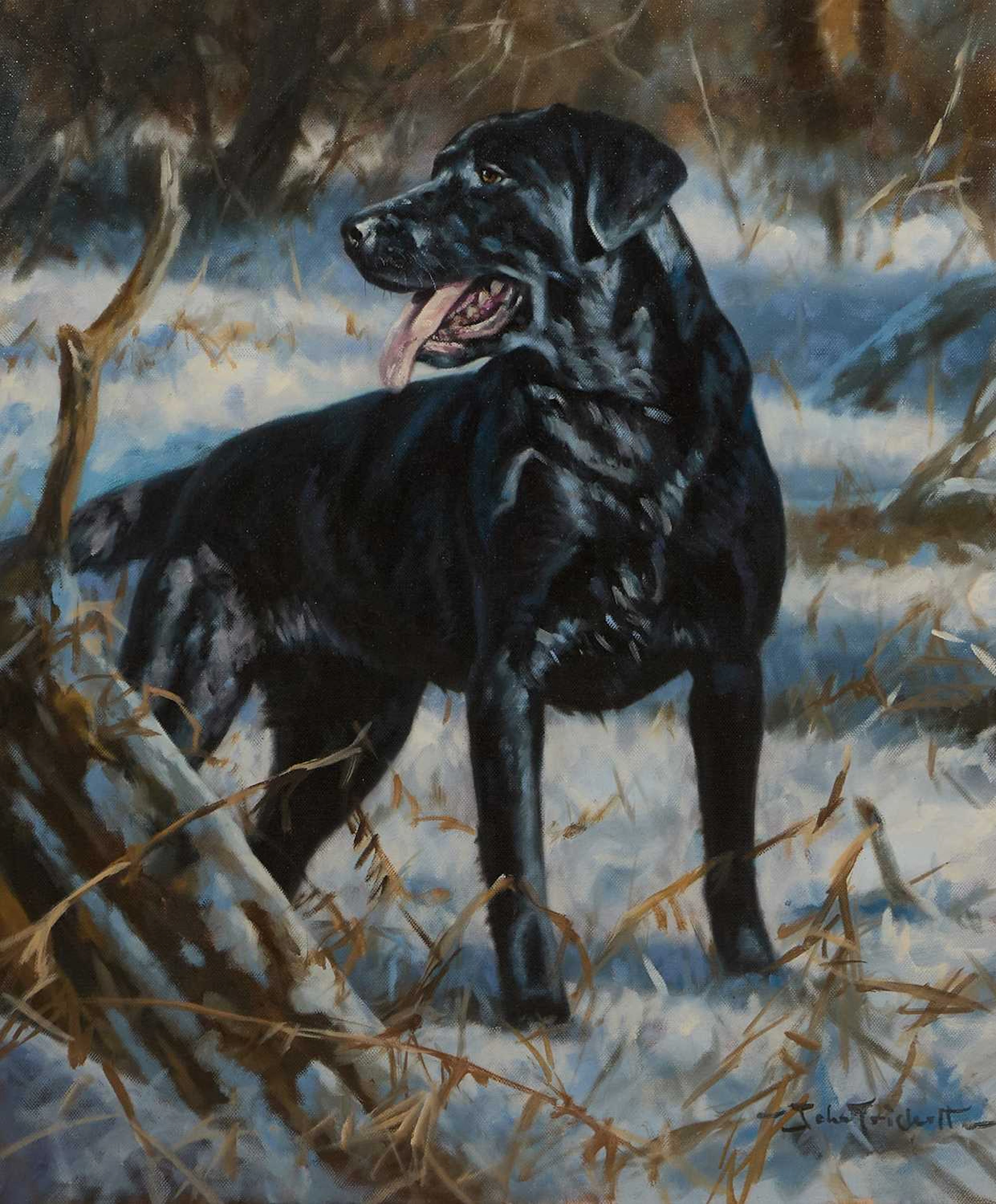 ▲ John Trickett (British, b.1952) A black Labrador in snow