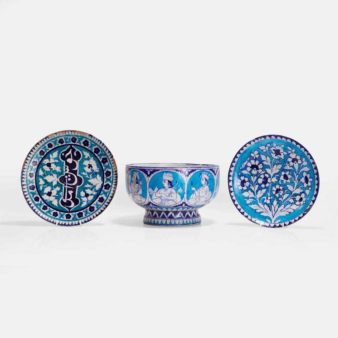 Two Multan cobalt-blue and turquoise glazed pottery dishes 19th century