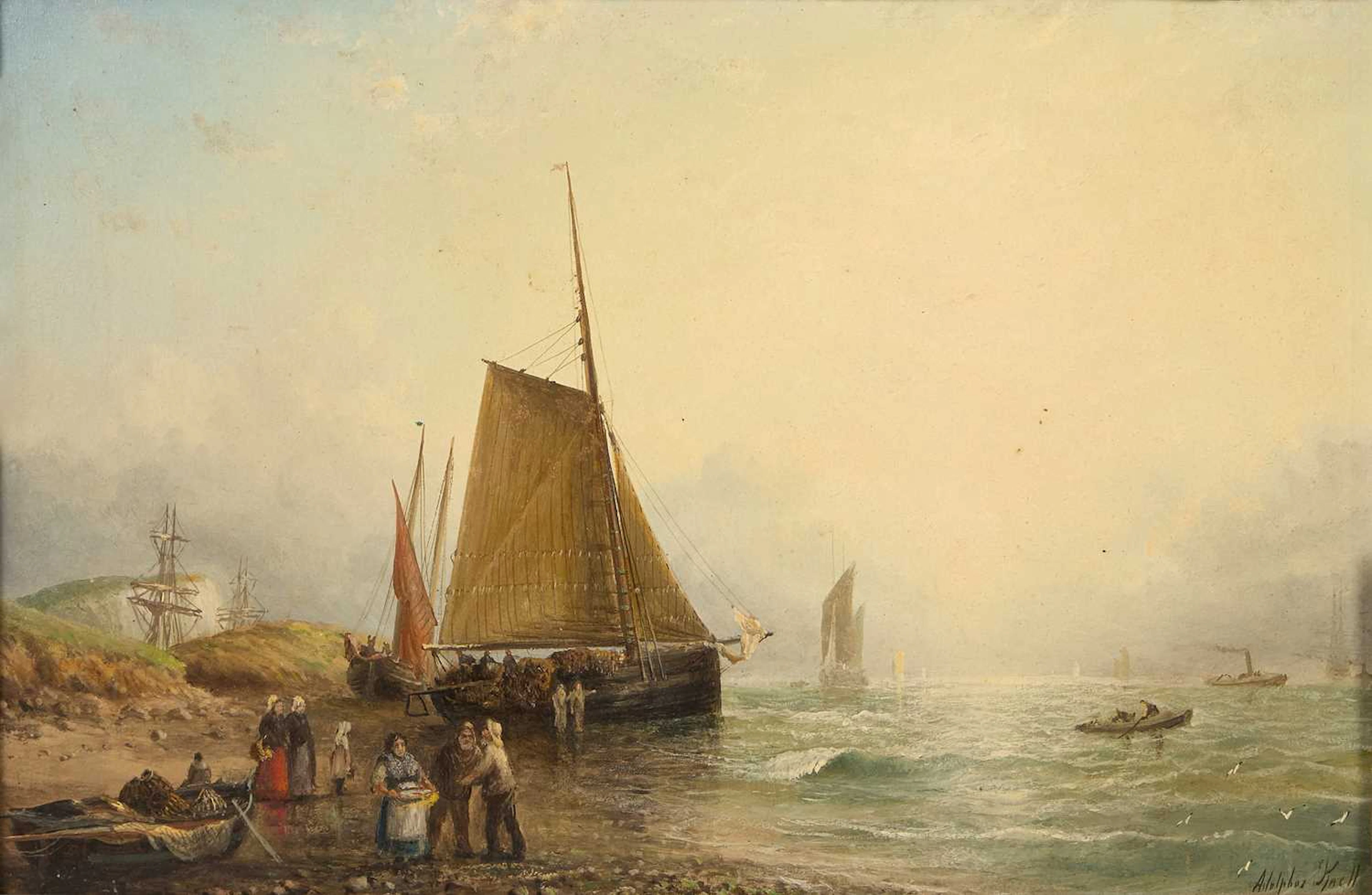 William Adolphus Knell (British, 1805-1875) Fisherfolk and boats on the shore