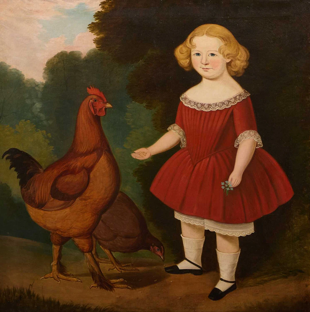 Naive School, 19th century A young child feeding a cockerel and a chicken